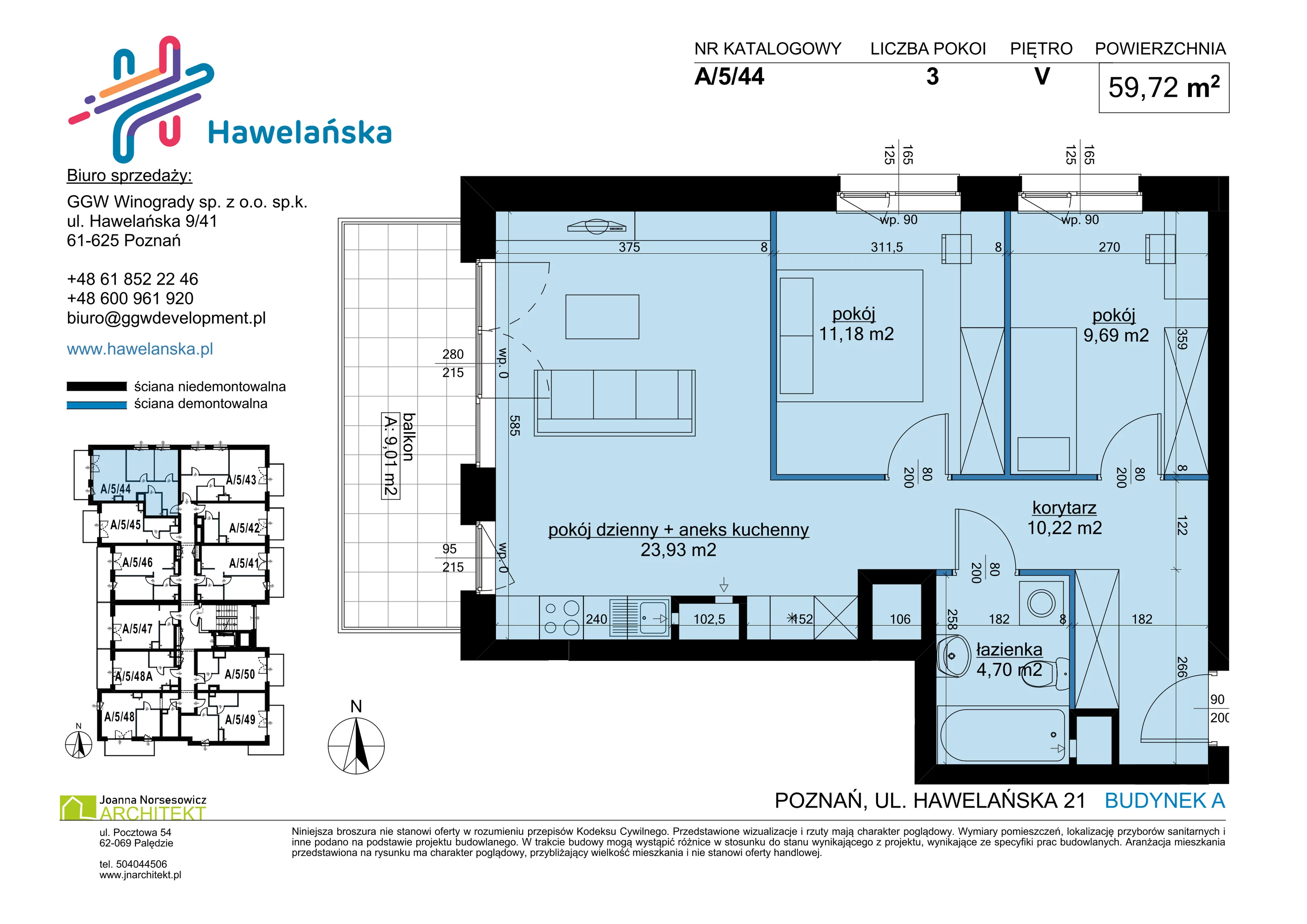 3 pokoje, mieszkanie 59,72 m², piętro 5, oferta nr A/5/44, Osiedle Hawelańska III etap, Poznań, Winogrady, ul. Hawelańska 25