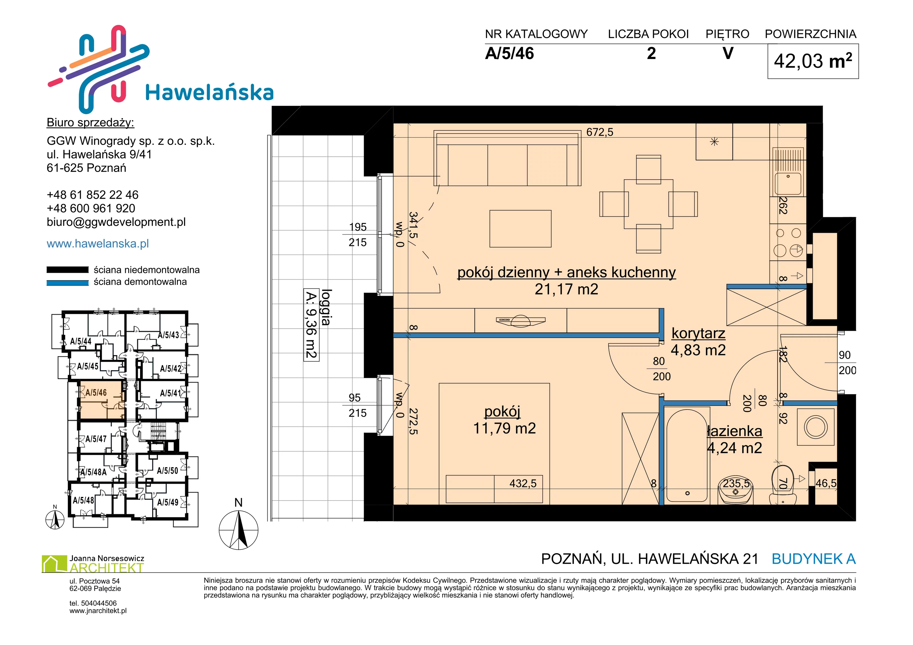 2 pokoje, mieszkanie 42,03 m², piętro 5, oferta nr A/5/46, Osiedle Hawelańska III etap, Poznań, Winogrady, ul. Hawelańska 25