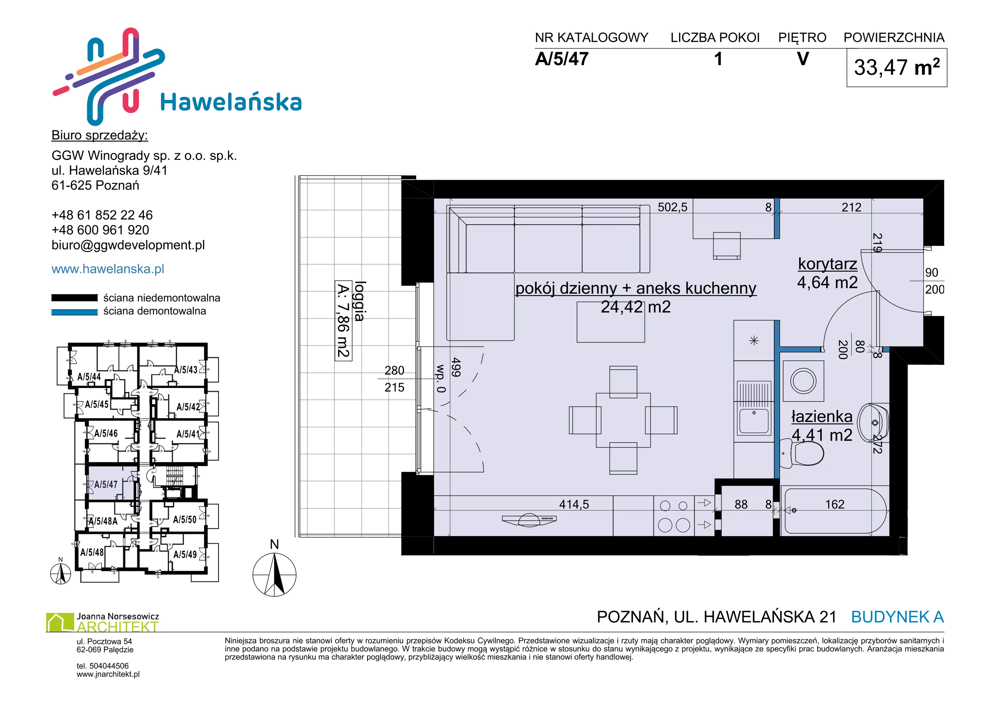 1 pokój, mieszkanie 33,47 m², piętro 5, oferta nr A/5/47, Osiedle Hawelańska III etap, Poznań, Winogrady, ul. Hawelańska 25