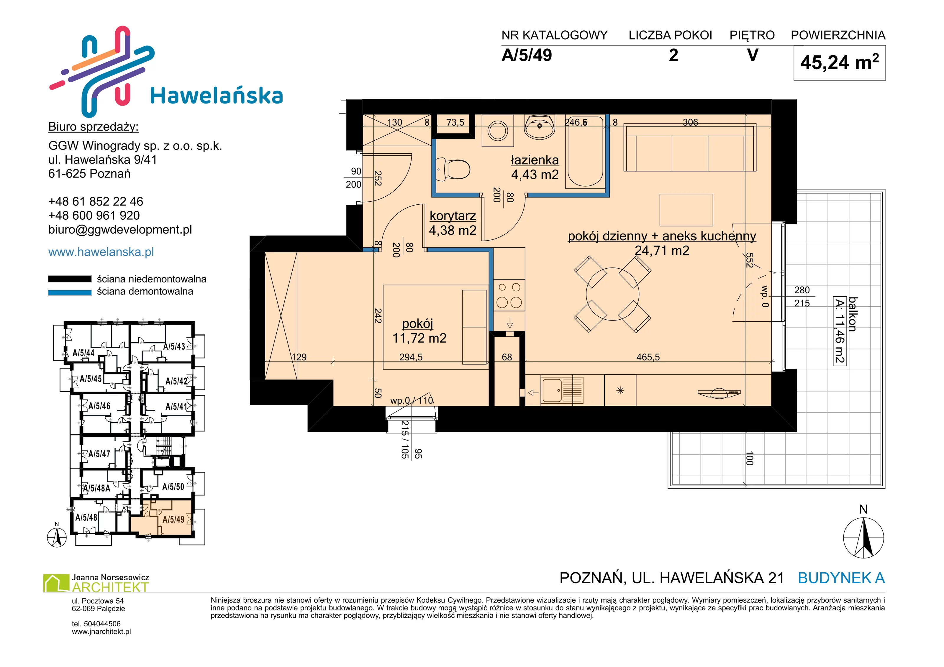 2 pokoje, mieszkanie 45,24 m², piętro 5, oferta nr A/5/49, Osiedle Hawelańska III etap, Poznań, Winogrady, ul. Hawelańska 25