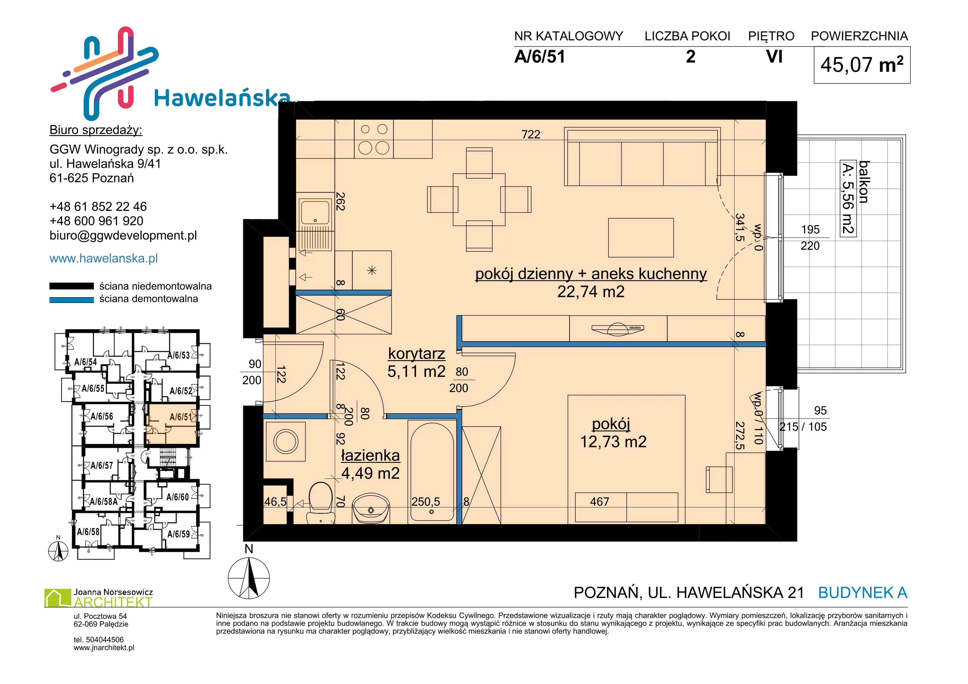 2 pokoje, mieszkanie 45,07 m², piętro 6, oferta nr A/6/51, Osiedle Hawelańska III etap, Poznań, Winogrady, ul. Hawelańska 25