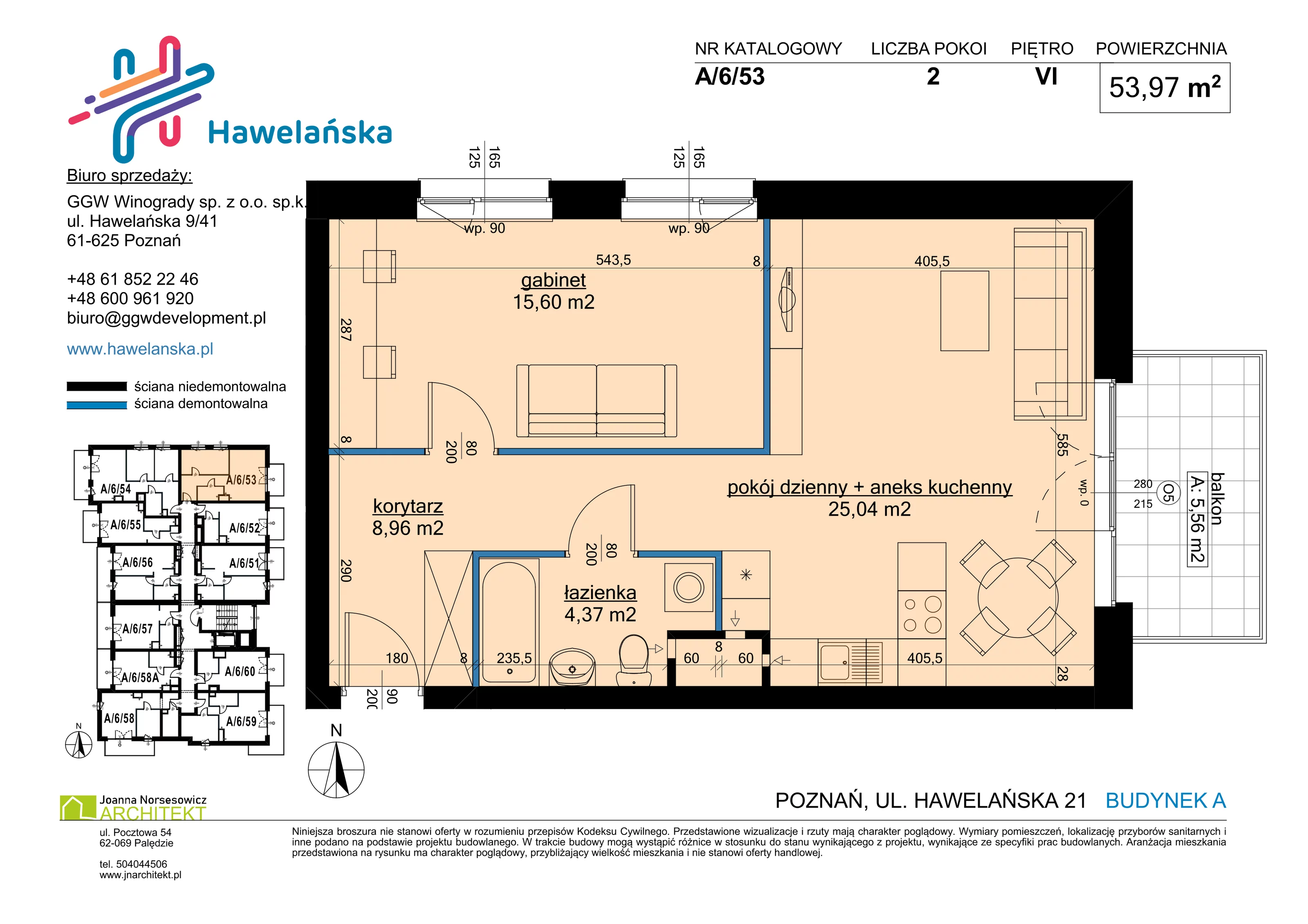 2 pokoje, mieszkanie 53,97 m², piętro 6, oferta nr A/6/53, Osiedle Hawelańska III etap, Poznań, Winogrady, ul. Hawelańska 25