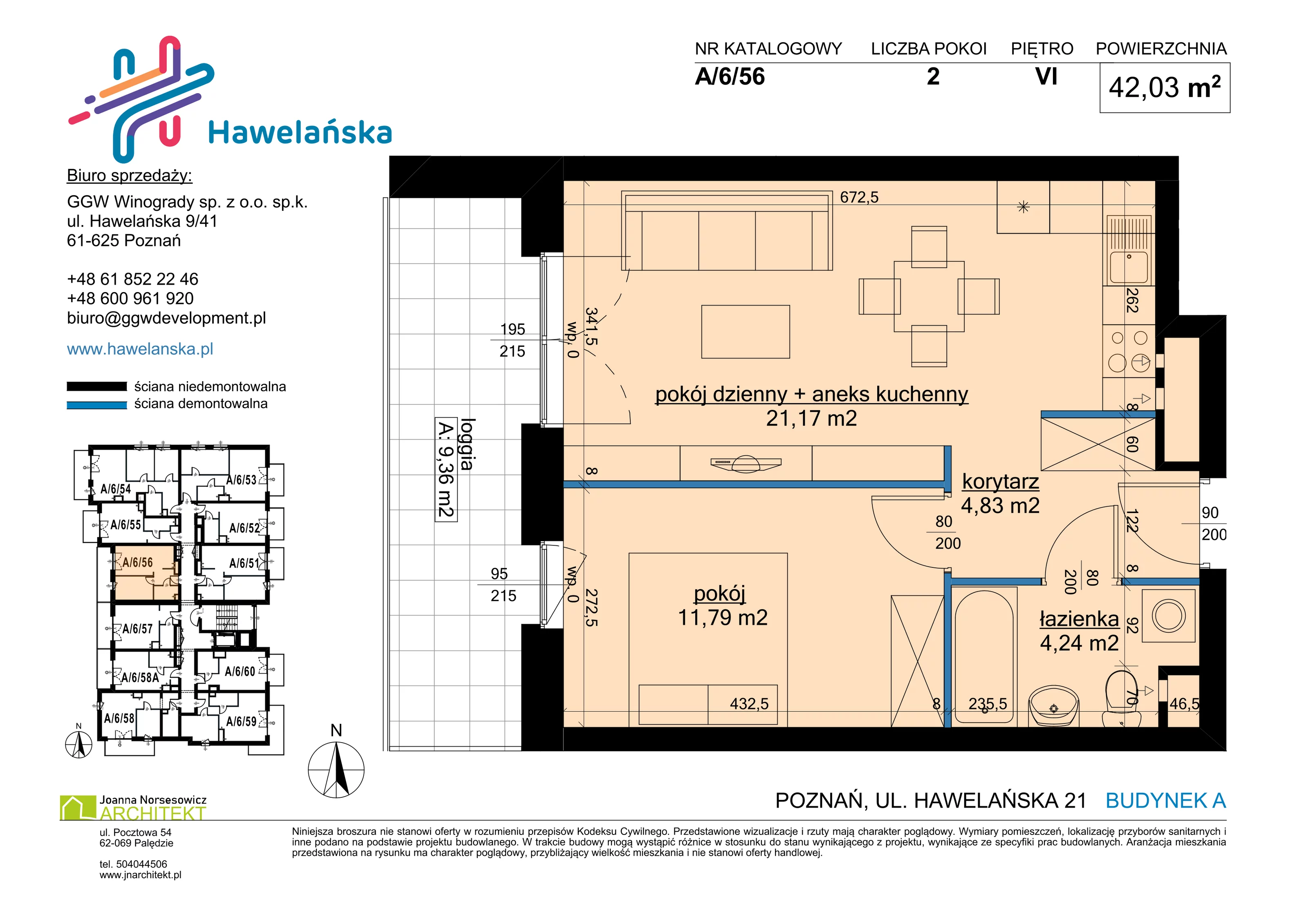 2 pokoje, mieszkanie 42,03 m², piętro 6, oferta nr A/6/56, Osiedle Hawelańska III etap, Poznań, Winogrady, ul. Hawelańska 25