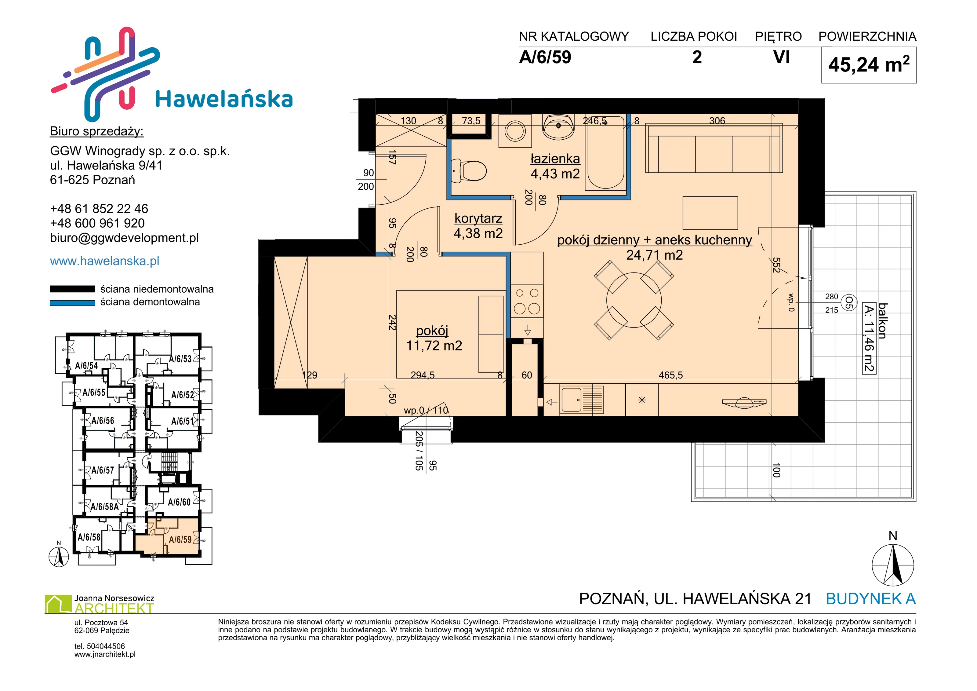 2 pokoje, mieszkanie 45,24 m², piętro 6, oferta nr A/6/59, Osiedle Hawelańska III etap, Poznań, Winogrady, ul. Hawelańska 25