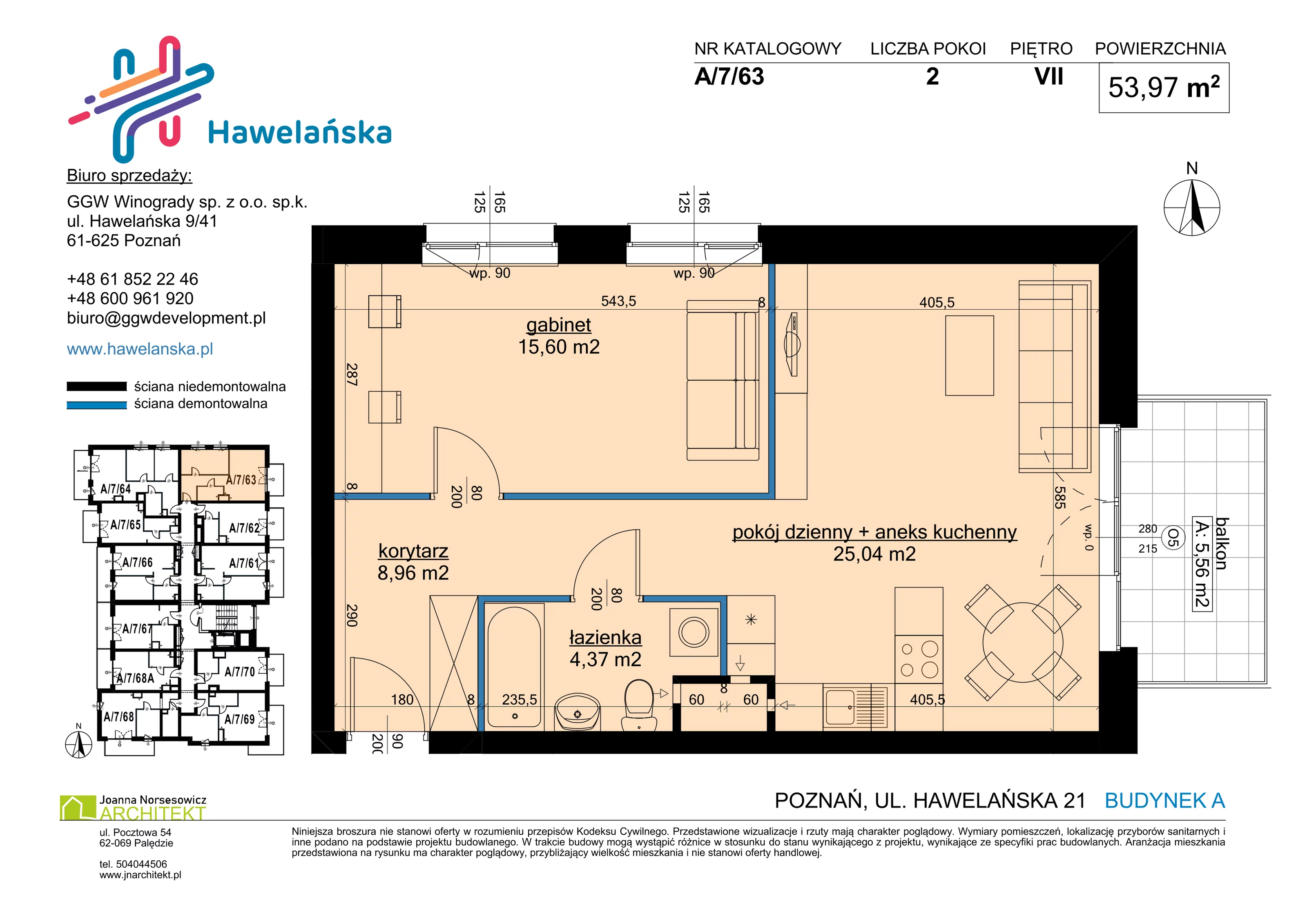 2 pokoje, mieszkanie 53,97 m², piętro 7, oferta nr A/7/63, Osiedle Hawelańska III etap, Poznań, Winogrady, ul. Hawelańska 25