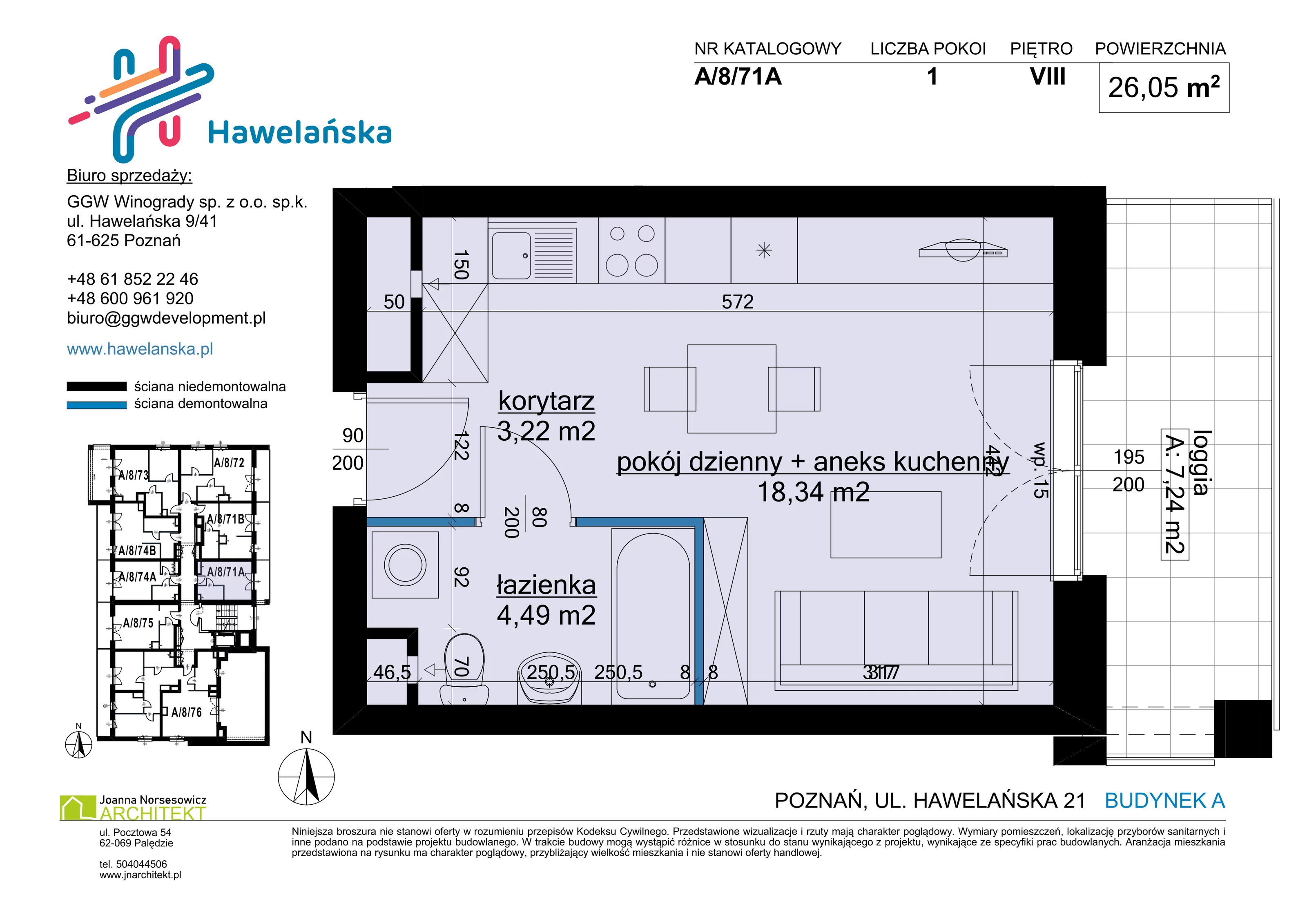 1 pokój, mieszkanie 26,05 m², piętro 8, oferta nr A/8/71A, Osiedle Hawelańska III etap, Poznań, Winogrady, ul. Hawelańska 25