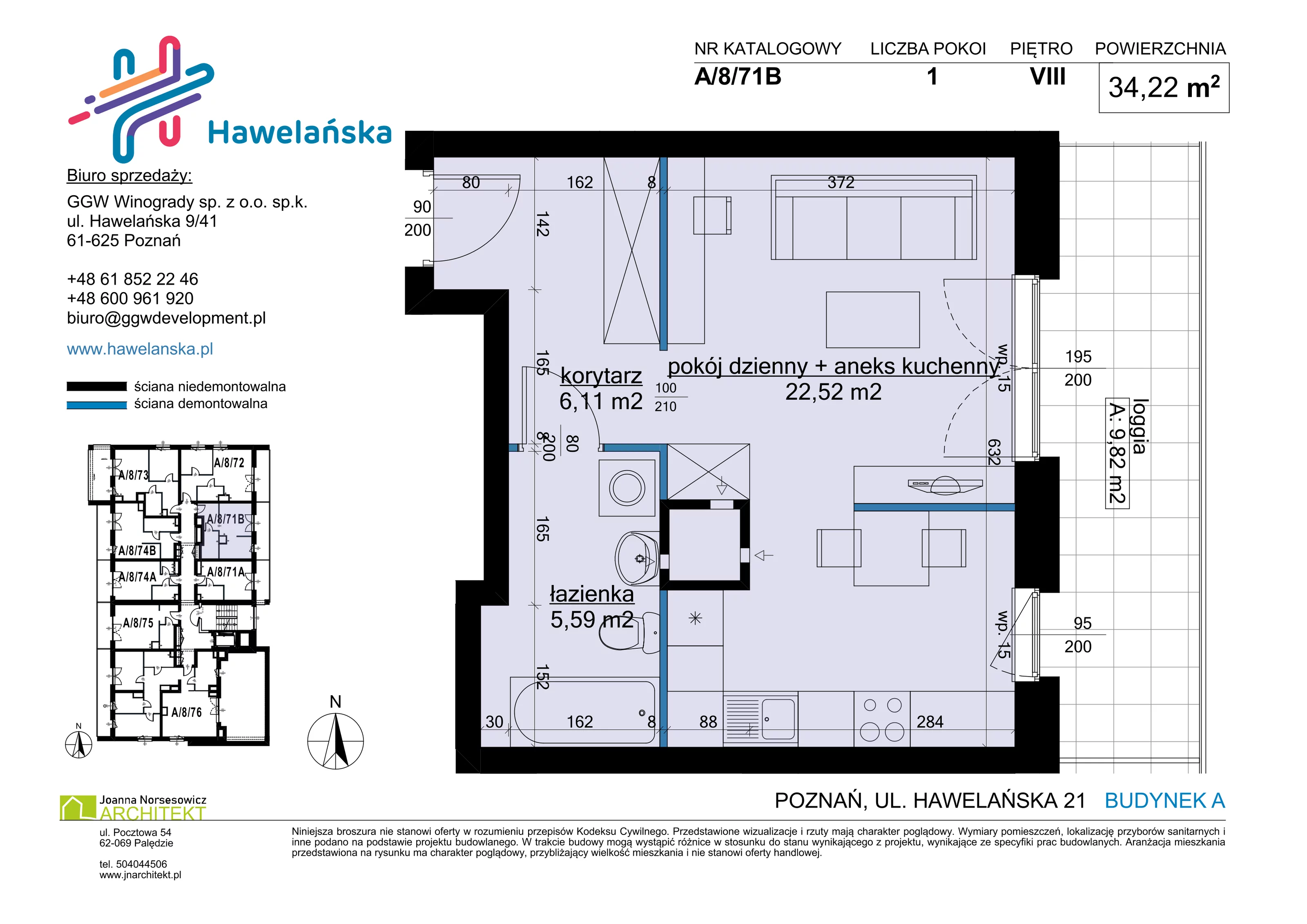 1 pokój, mieszkanie 34,22 m², piętro 8, oferta nr A/8/71B, Osiedle Hawelańska III etap, Poznań, Winogrady, ul. Hawelańska 25