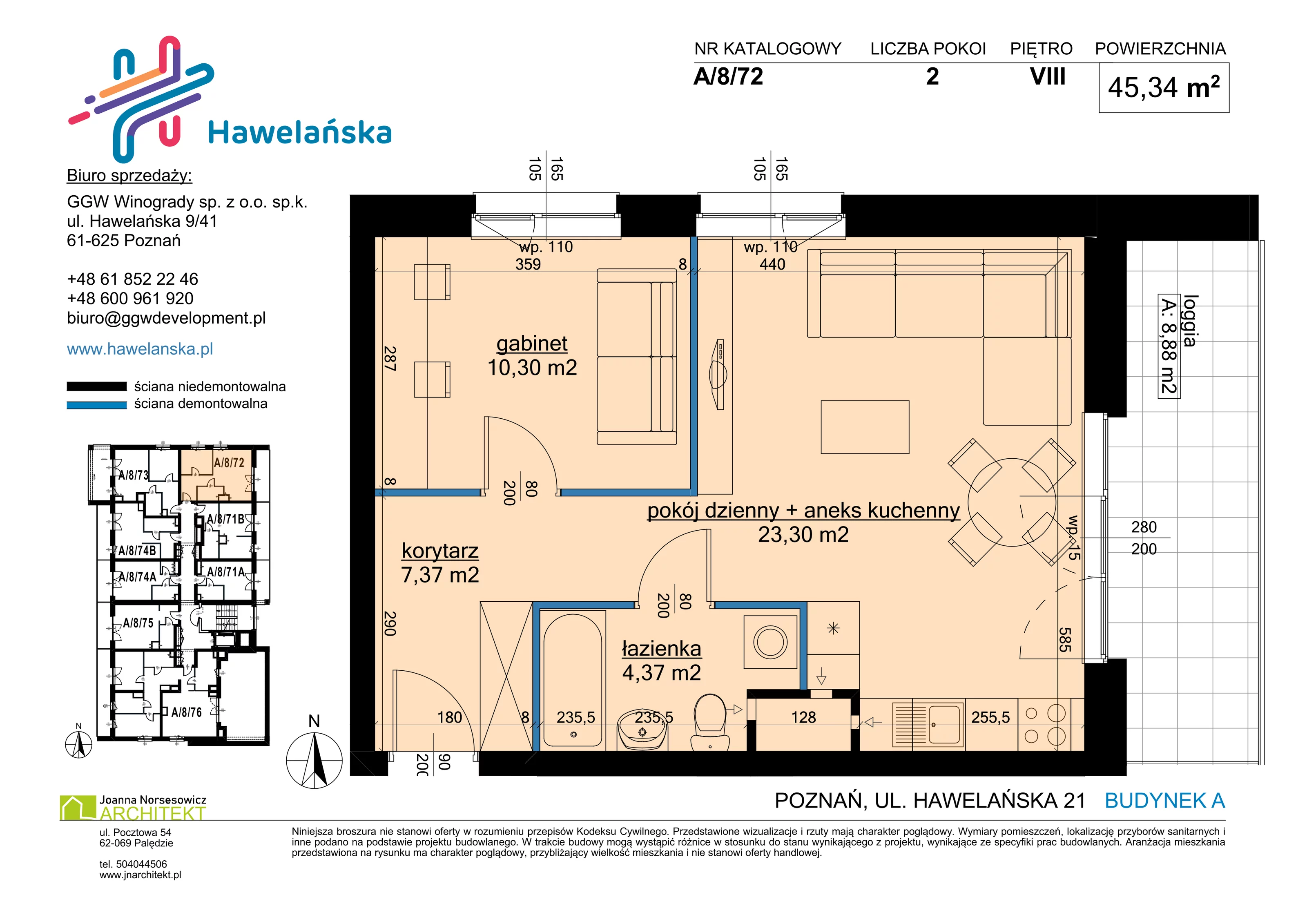 2 pokoje, mieszkanie 45,34 m², piętro 8, oferta nr A/8/72, Osiedle Hawelańska III etap, Poznań, Winogrady, ul. Hawelańska 25