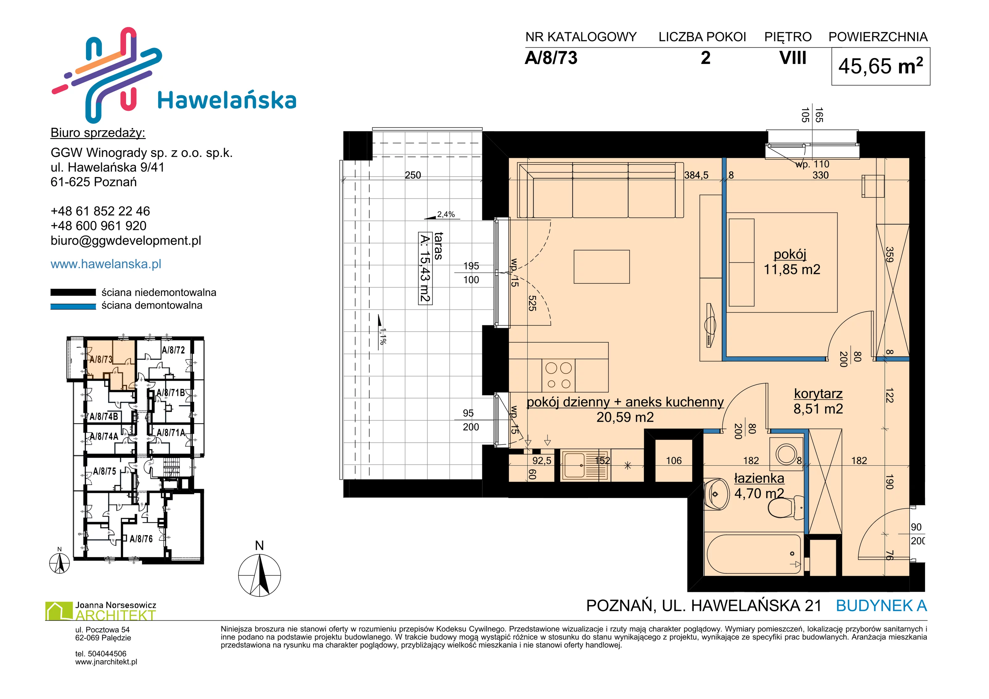 2 pokoje, mieszkanie 45,65 m², piętro 8, oferta nr A/8/73, Osiedle Hawelańska III etap, Poznań, Winogrady, ul. Hawelańska 25