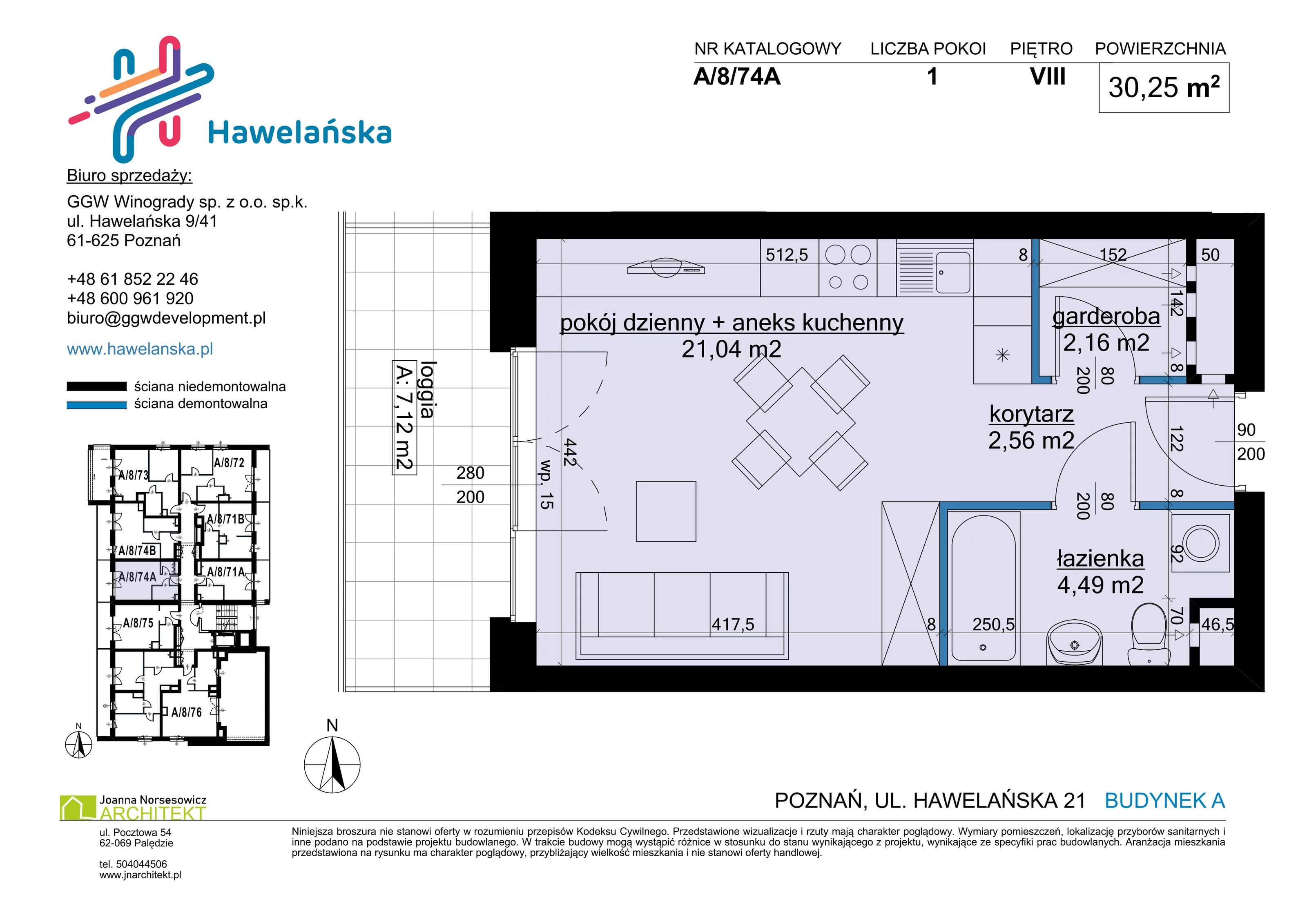 1 pokój, mieszkanie 30,25 m², piętro 8, oferta nr A/8/74A, Osiedle Hawelańska III etap, Poznań, Winogrady, ul. Hawelańska 25