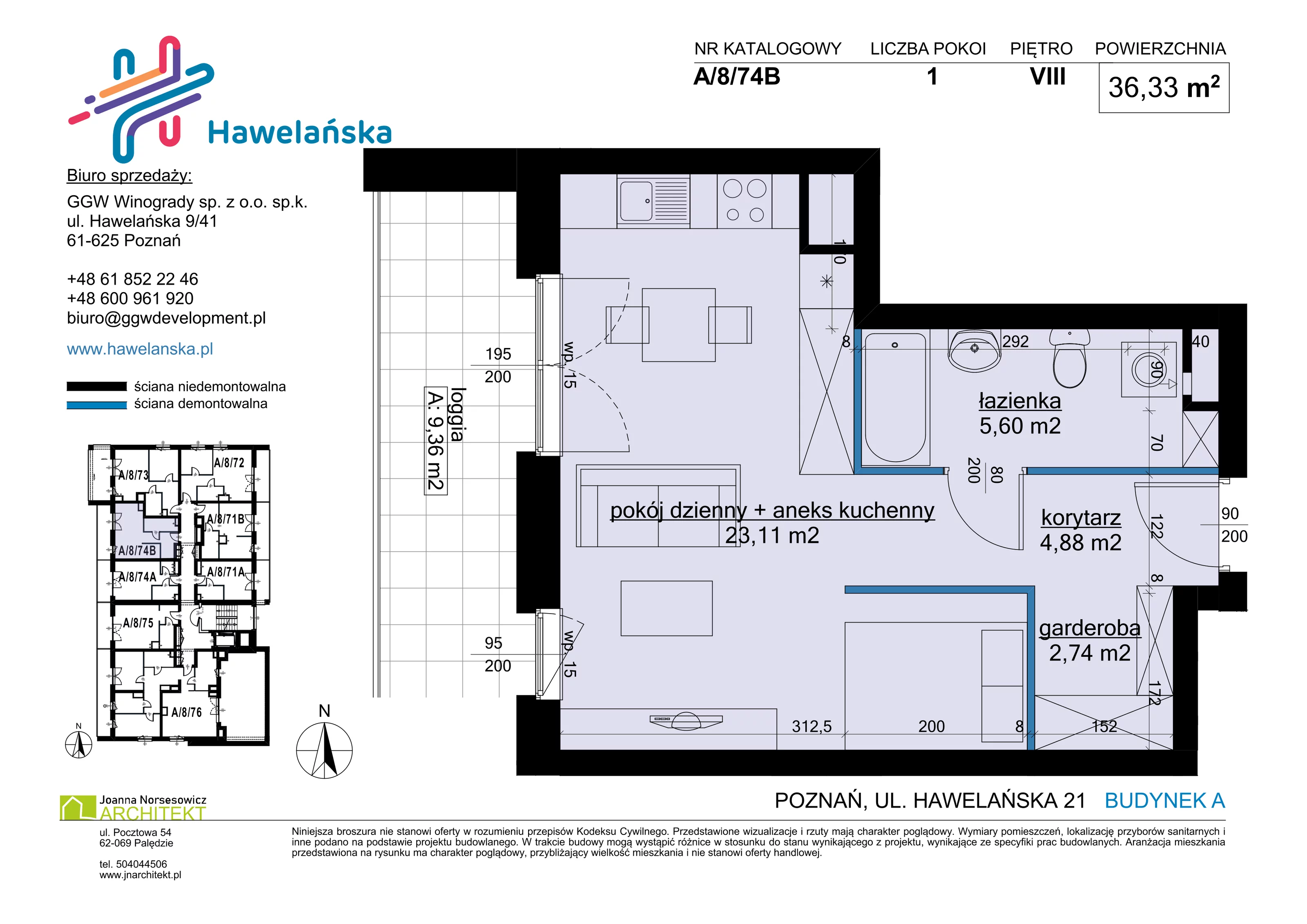 1 pokój, mieszkanie 36,33 m², piętro 8, oferta nr A/8/74B, Osiedle Hawelańska III etap, Poznań, Winogrady, ul. Hawelańska 25