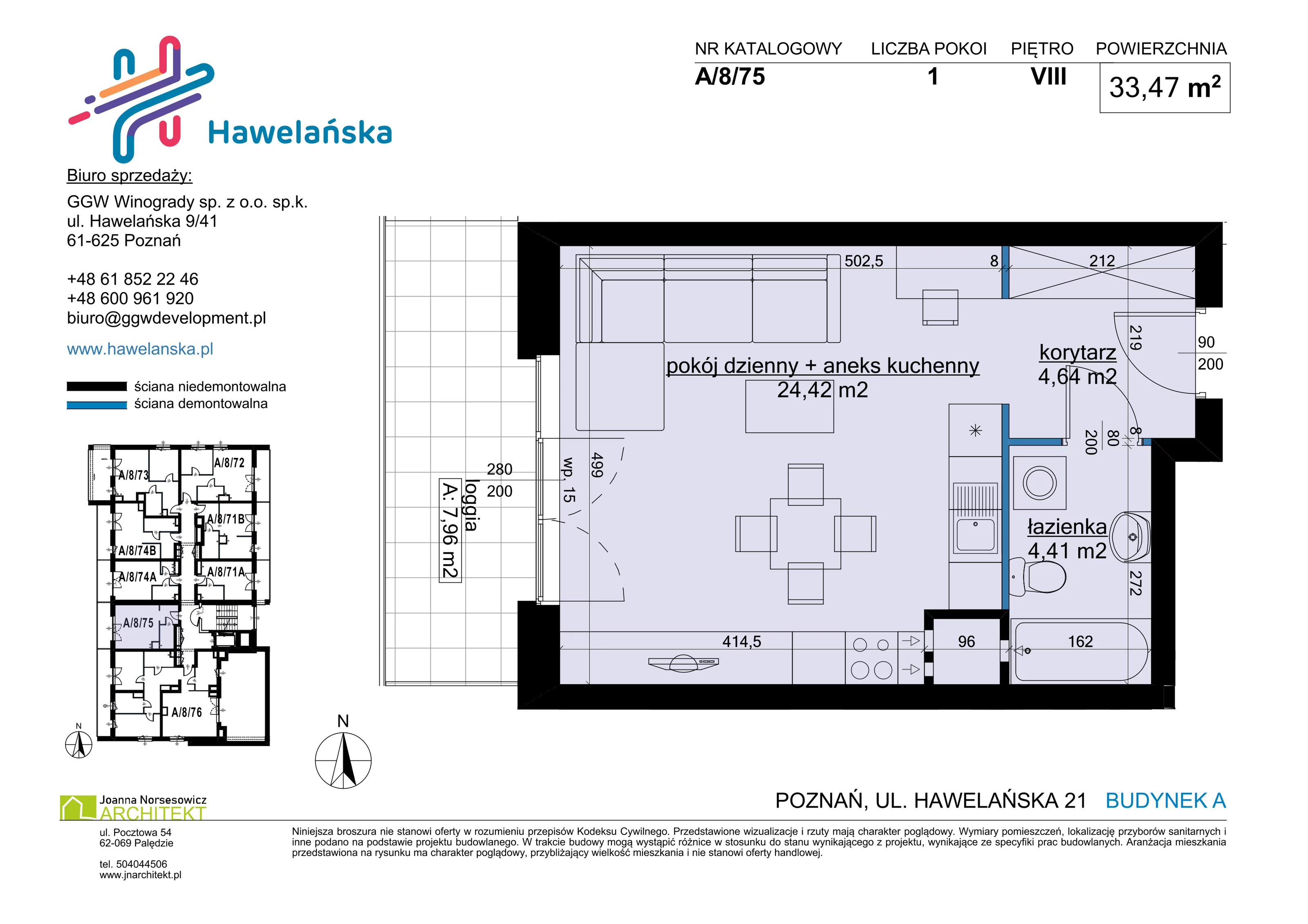 1 pokój, mieszkanie 33,47 m², piętro 8, oferta nr A/8/75, Osiedle Hawelańska III etap, Poznań, Winogrady, ul. Hawelańska 25