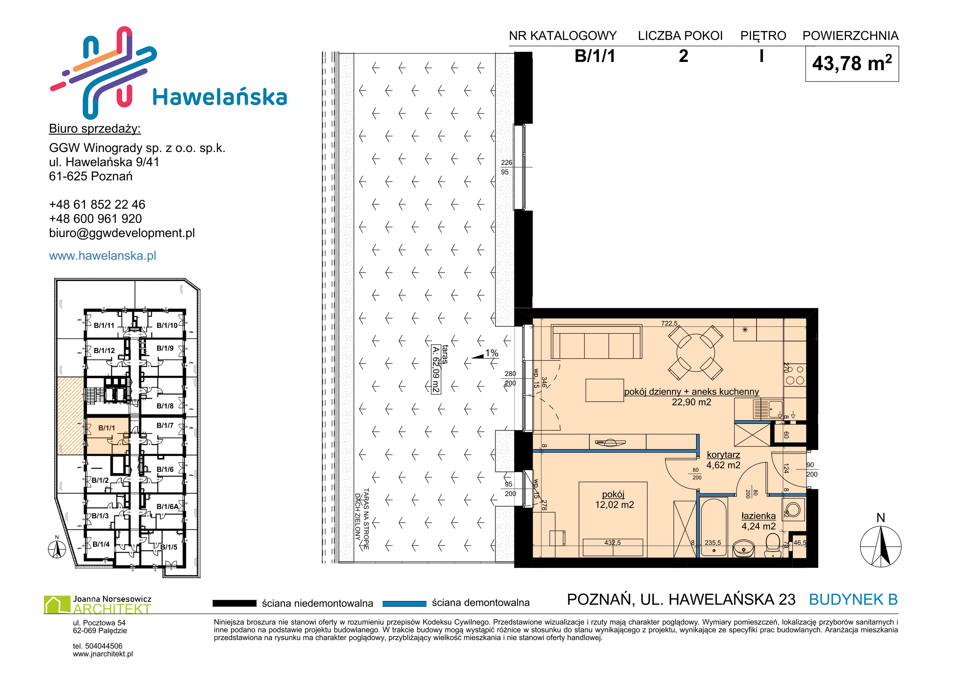 2 pokoje, mieszkanie 43,78 m², piętro 1, oferta nr B/1/1, Osiedle Hawelańska III etap, Poznań, Winogrady, ul. Hawelańska 25