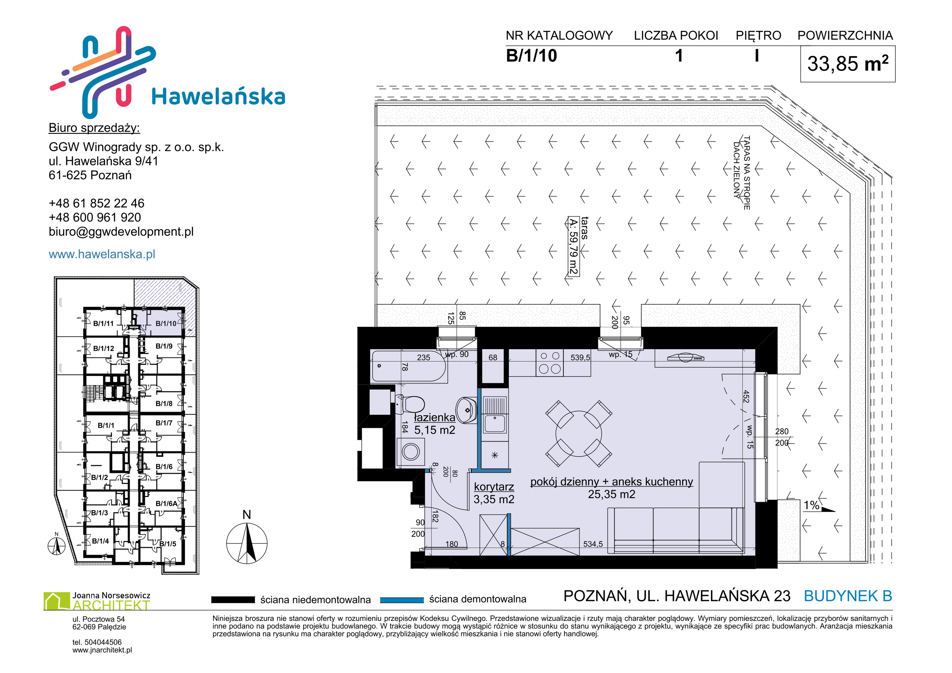 1 pokój, mieszkanie 33,85 m², piętro 1, oferta nr B/1/10, Osiedle Hawelańska III etap, Poznań, Winogrady, ul. Hawelańska 25