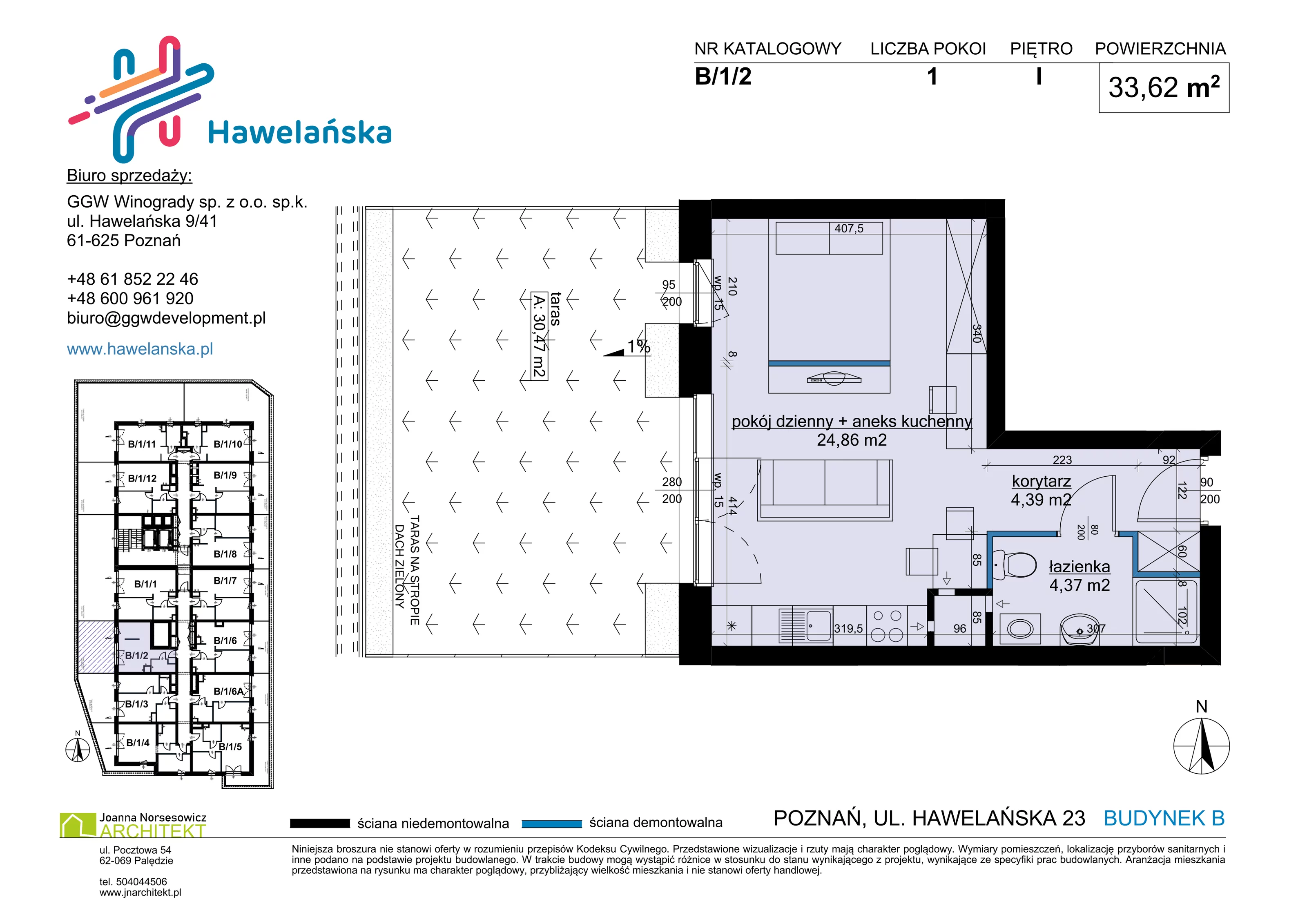 1 pokój, mieszkanie 33,62 m², piętro 1, oferta nr B/1/2, Osiedle Hawelańska III etap, Poznań, Winogrady, ul. Hawelańska 25