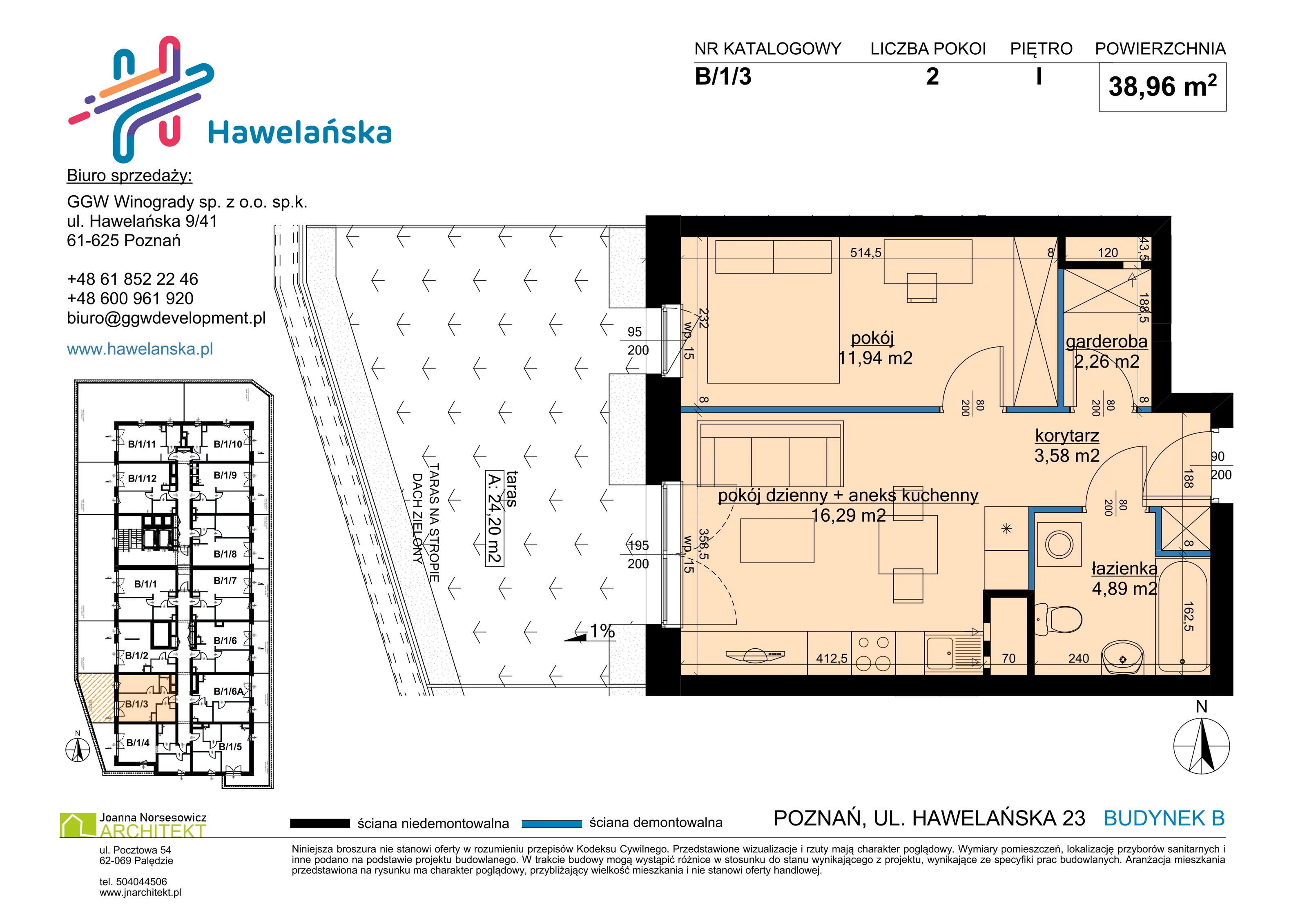 2 pokoje, mieszkanie 38,96 m², piętro 1, oferta nr B/1/3, Osiedle Hawelańska III etap, Poznań, Winogrady, ul. Hawelańska 25