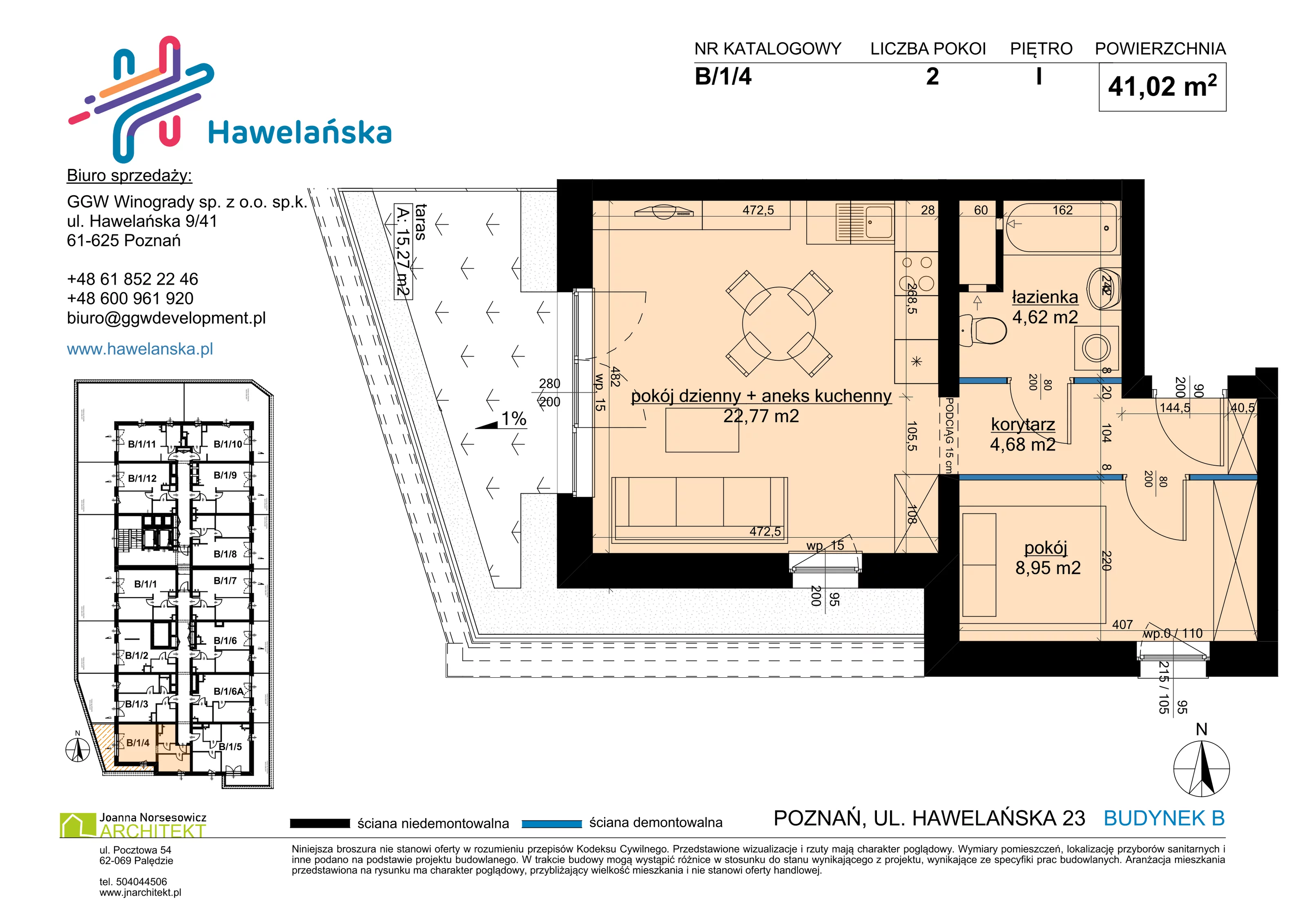 2 pokoje, mieszkanie 41,02 m², piętro 1, oferta nr B/1/4, Osiedle Hawelańska III etap, Poznań, Winogrady, ul. Hawelańska 25