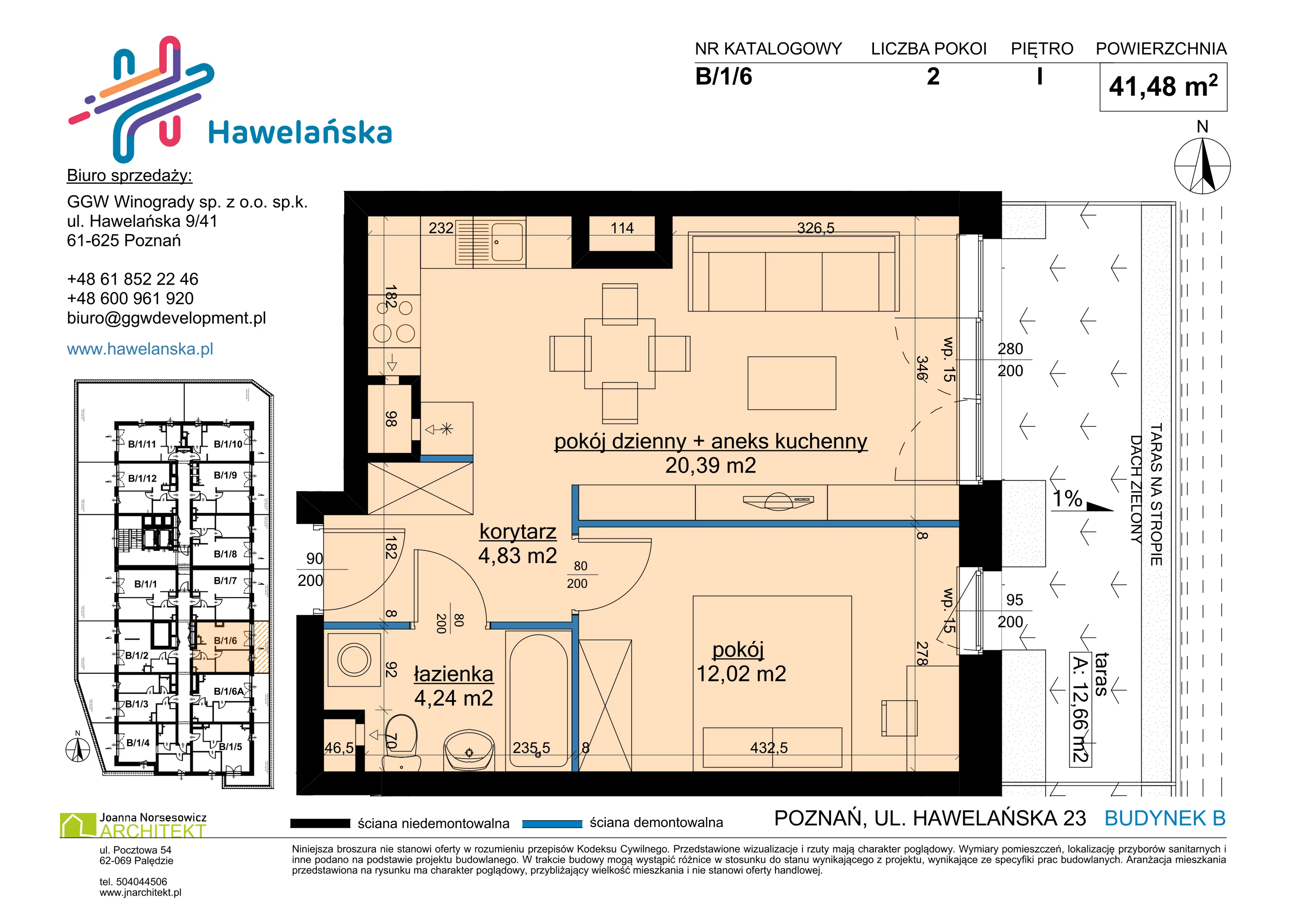 2 pokoje, mieszkanie 41,48 m², piętro 1, oferta nr B/1/6, Osiedle Hawelańska III etap, Poznań, Winogrady, ul. Hawelańska 25