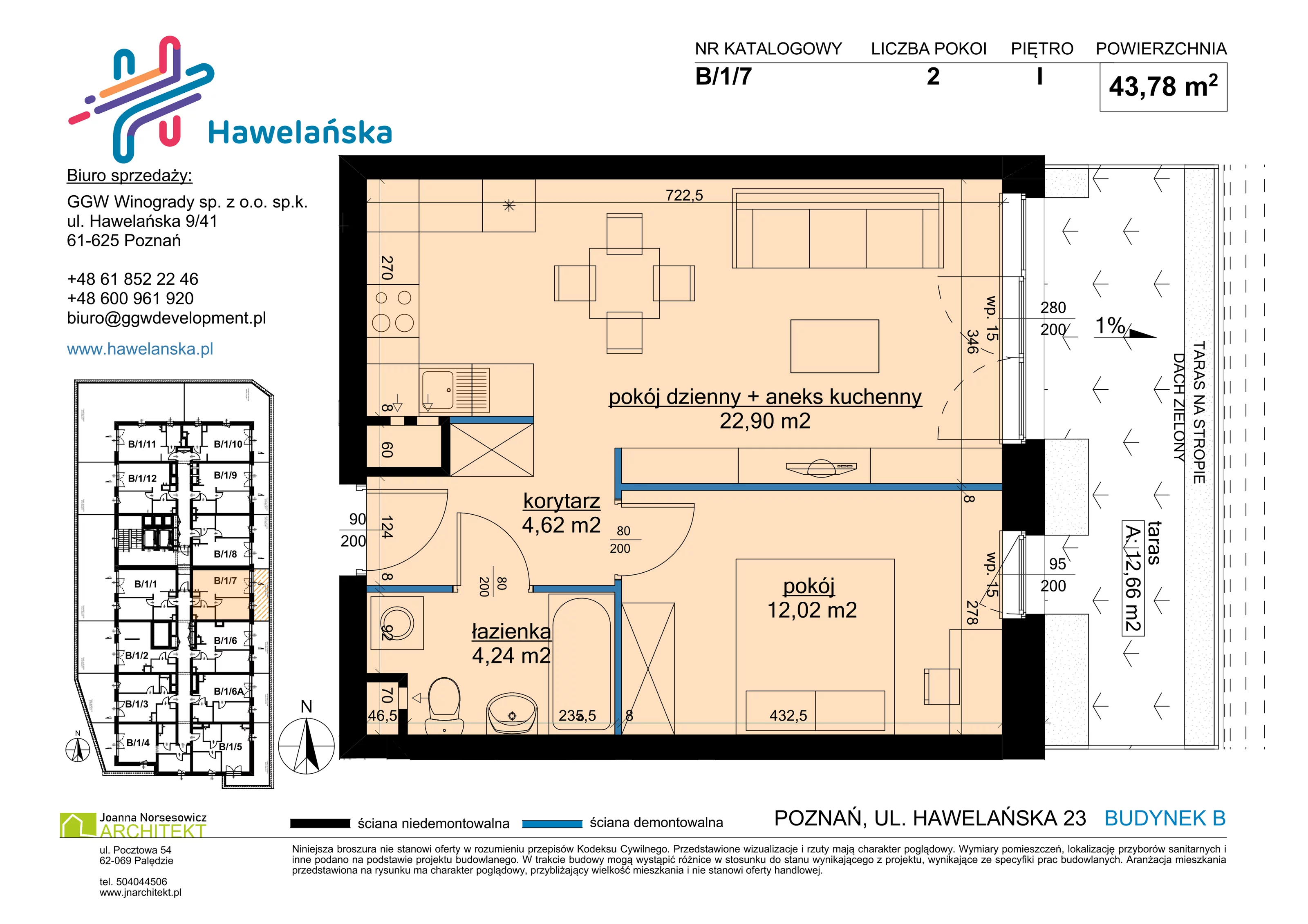 2 pokoje, mieszkanie 43,78 m², piętro 1, oferta nr B/1/7, Osiedle Hawelańska III etap, Poznań, Winogrady, ul. Hawelańska 25