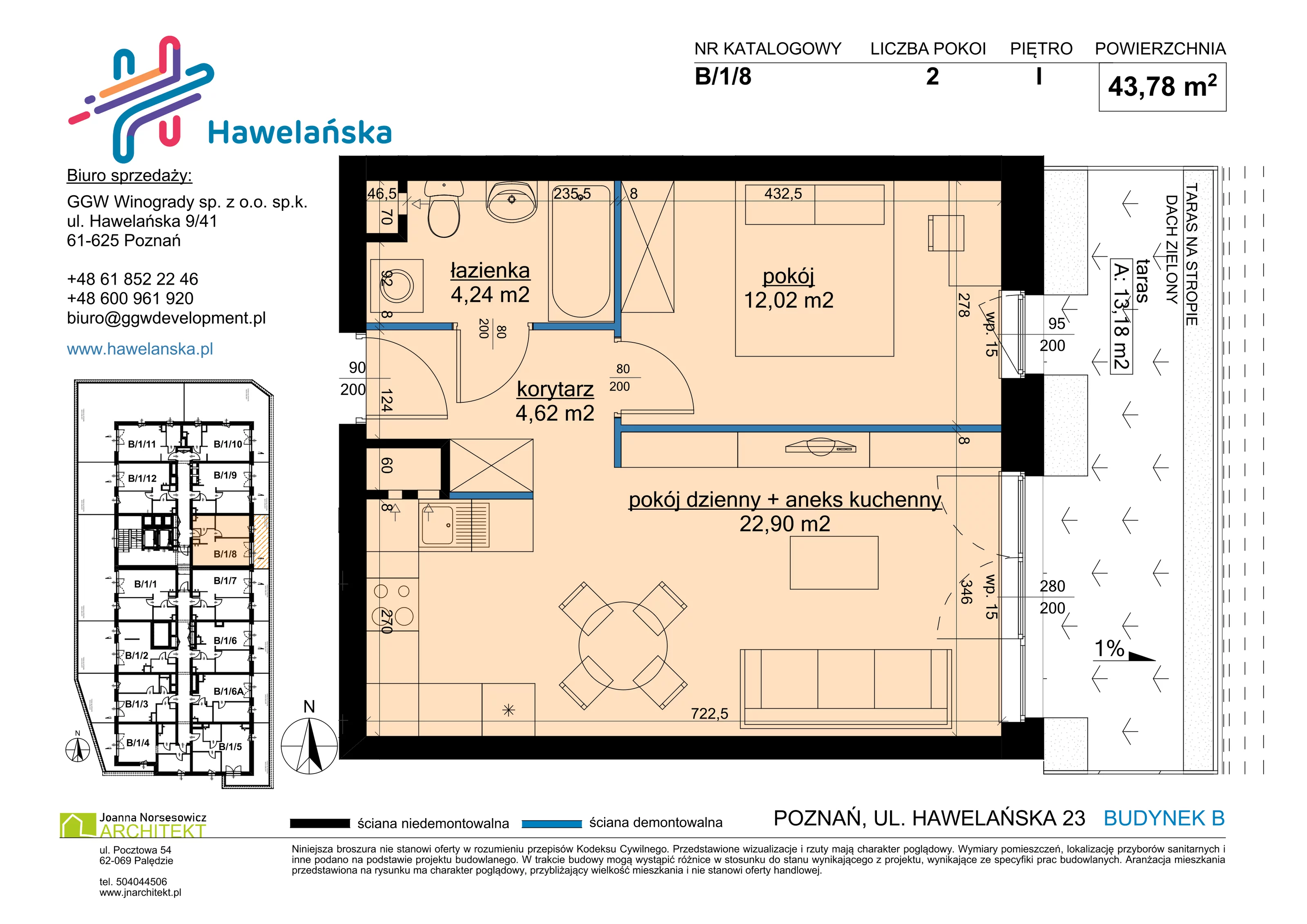 2 pokoje, mieszkanie 43,78 m², piętro 1, oferta nr B/1/8, Osiedle Hawelańska III etap, Poznań, Winogrady, ul. Hawelańska 25