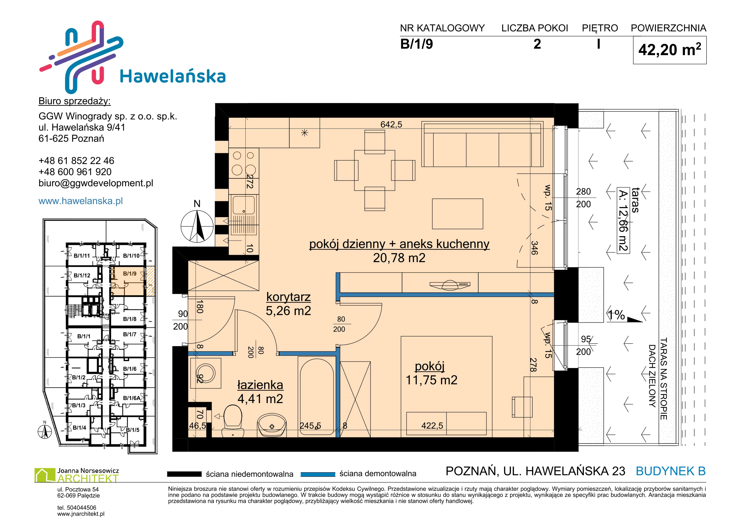 2 pokoje, mieszkanie 42,20 m², piętro 1, oferta nr B/1/9, Osiedle Hawelańska III etap, Poznań, Winogrady, ul. Hawelańska 25