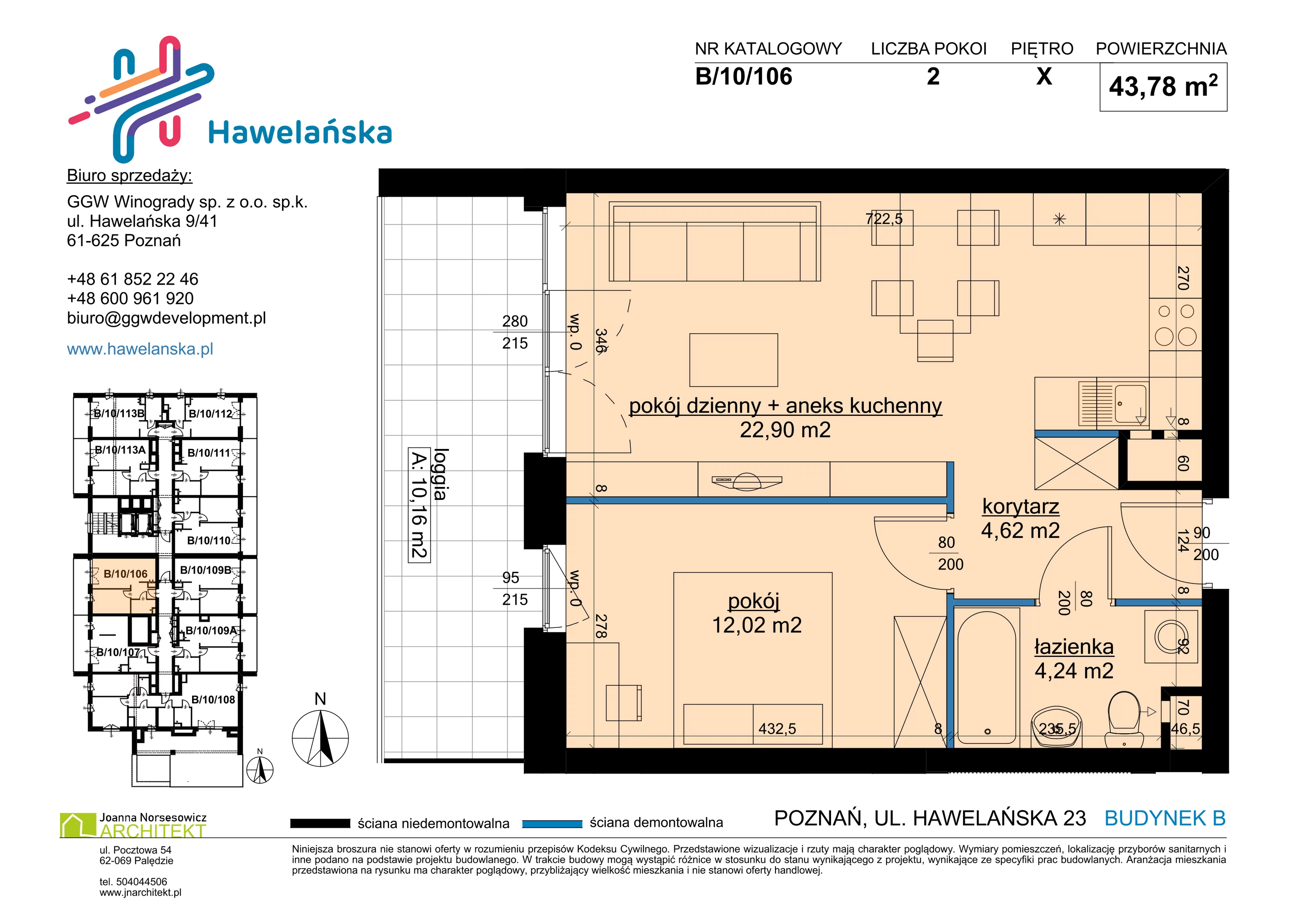 2 pokoje, mieszkanie 43,78 m², piętro 10, oferta nr B/10/106, Osiedle Hawelańska III etap, Poznań, Winogrady, ul. Hawelańska 25