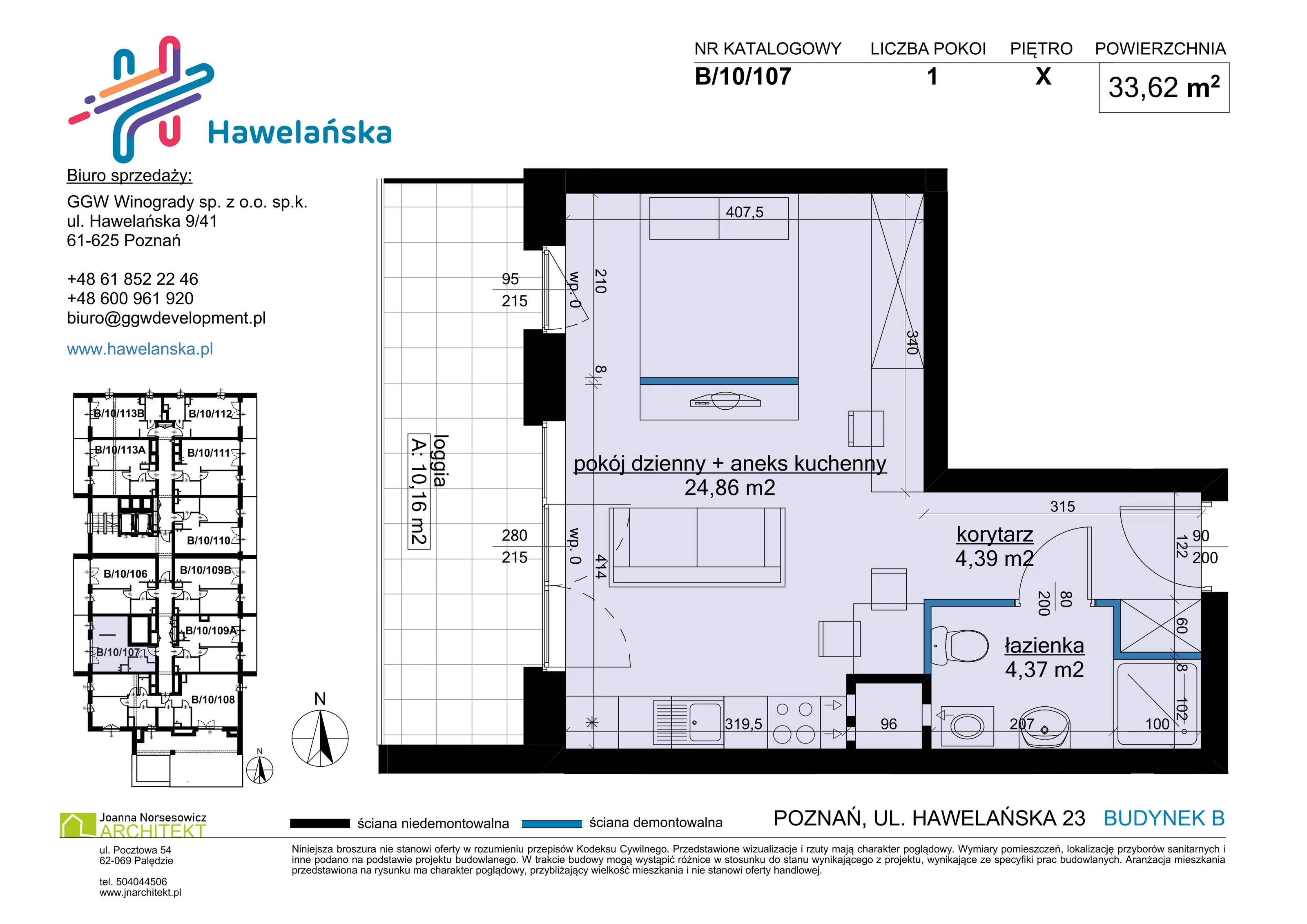 1 pokój, mieszkanie 33,62 m², piętro 10, oferta nr B/10/107, Osiedle Hawelańska III etap, Poznań, Winogrady, ul. Hawelańska 25