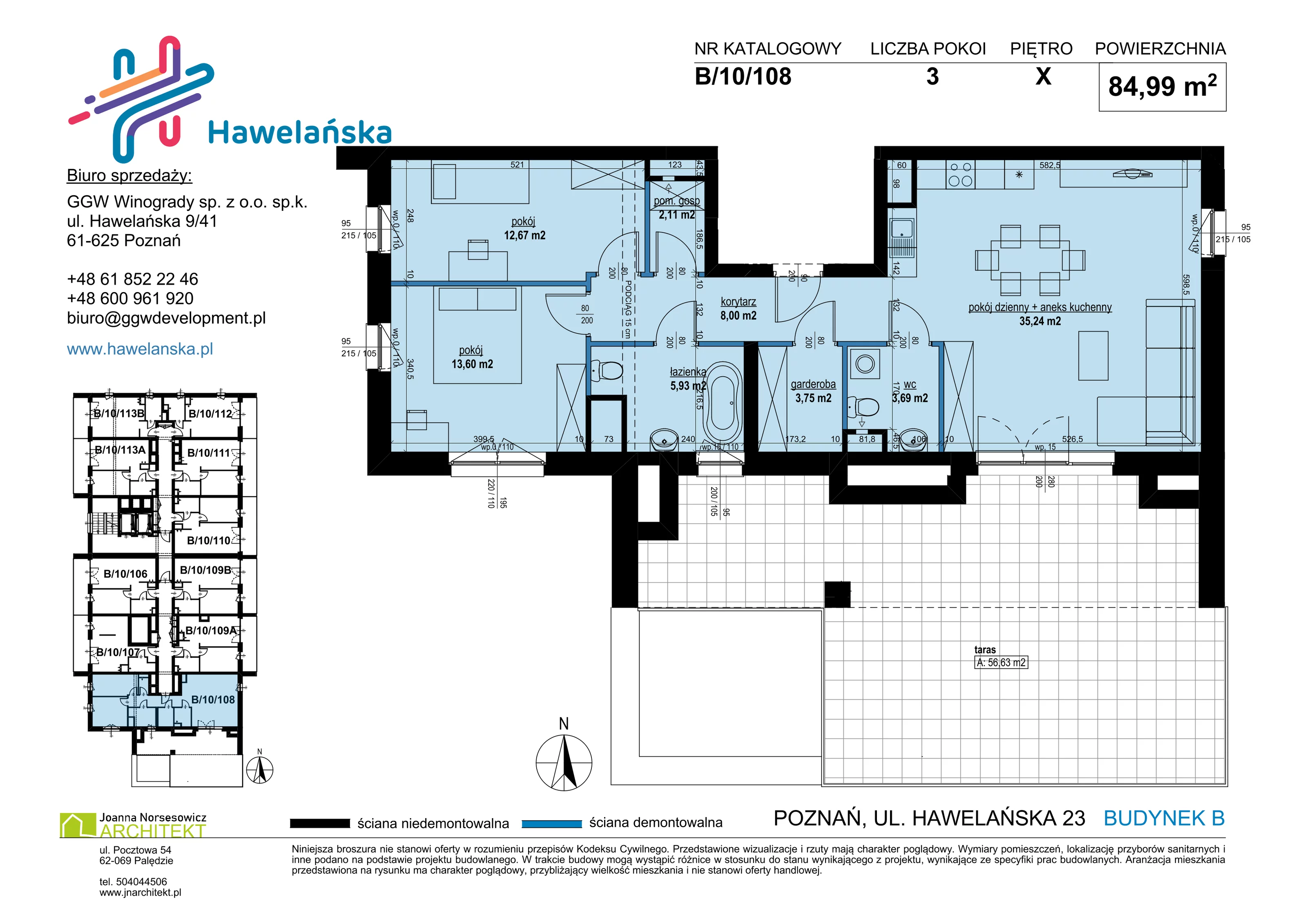 3 pokoje, mieszkanie 84,99 m², piętro 10, oferta nr B/10/108, Osiedle Hawelańska III etap, Poznań, Winogrady, ul. Hawelańska 25