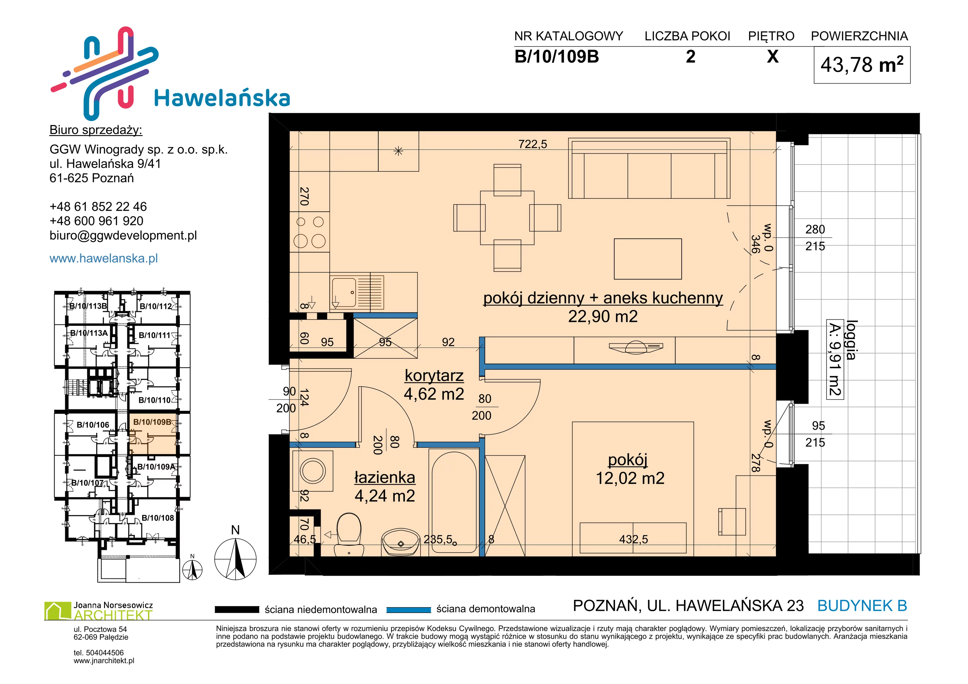 2 pokoje, mieszkanie 43,78 m², piętro 10, oferta nr B/10/109B, Osiedle Hawelańska III etap, Poznań, Winogrady, ul. Hawelańska 25