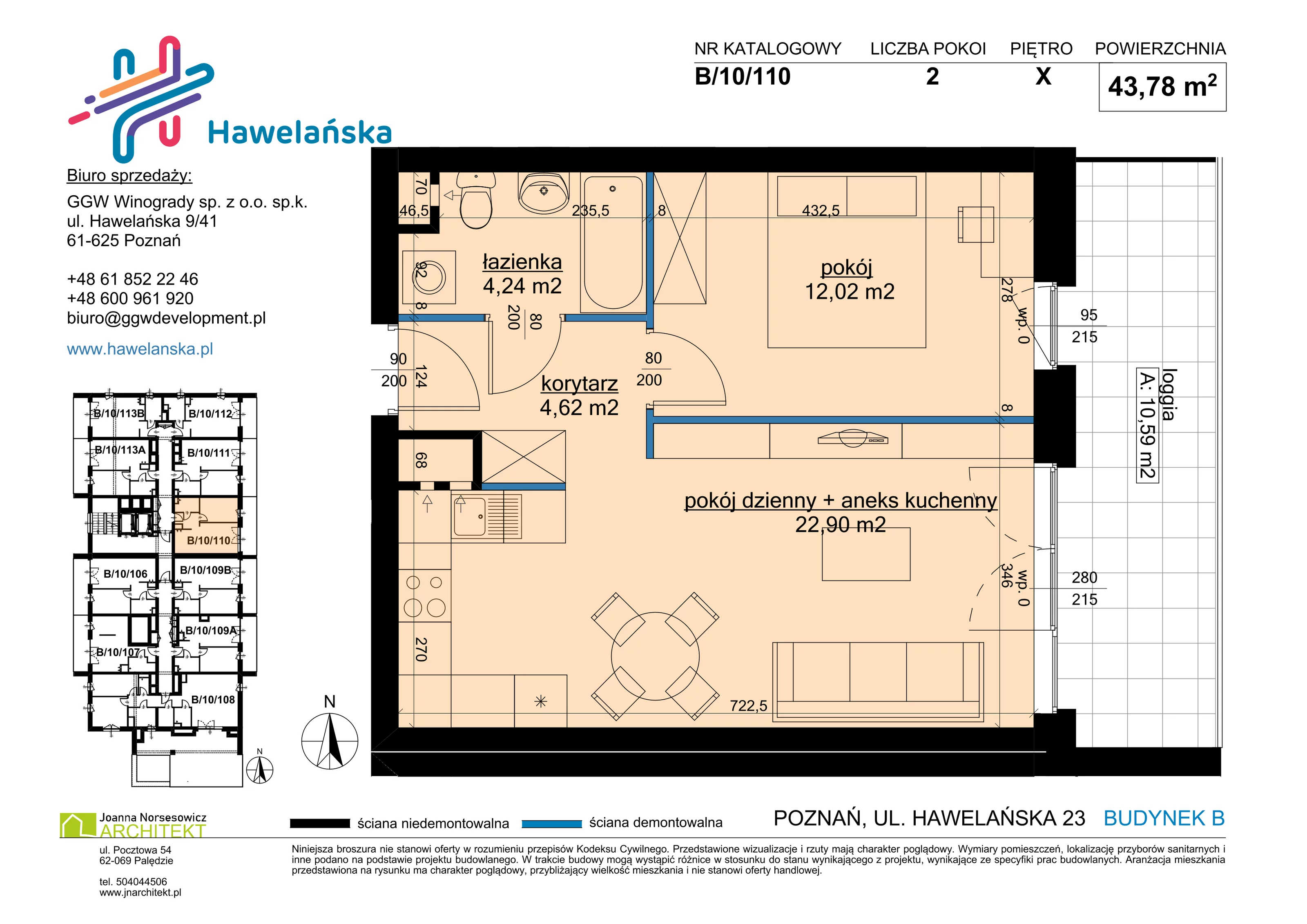 2 pokoje, mieszkanie 43,78 m², piętro 10, oferta nr B/10/110, Osiedle Hawelańska III etap, Poznań, Winogrady, ul. Hawelańska 25