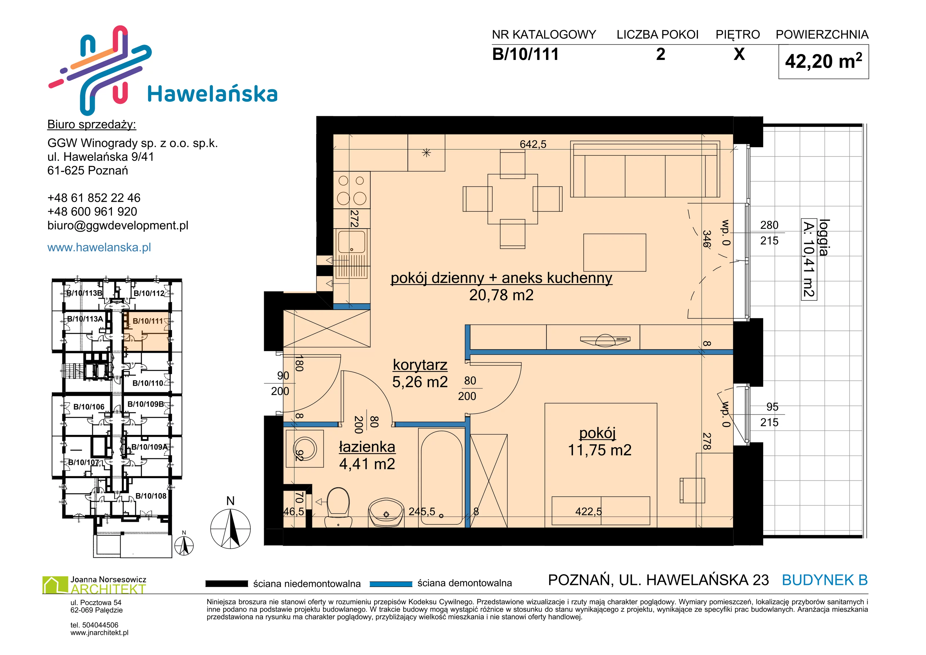 2 pokoje, mieszkanie 42,20 m², piętro 10, oferta nr B/10/111, Osiedle Hawelańska III etap, Poznań, Winogrady, ul. Hawelańska 25