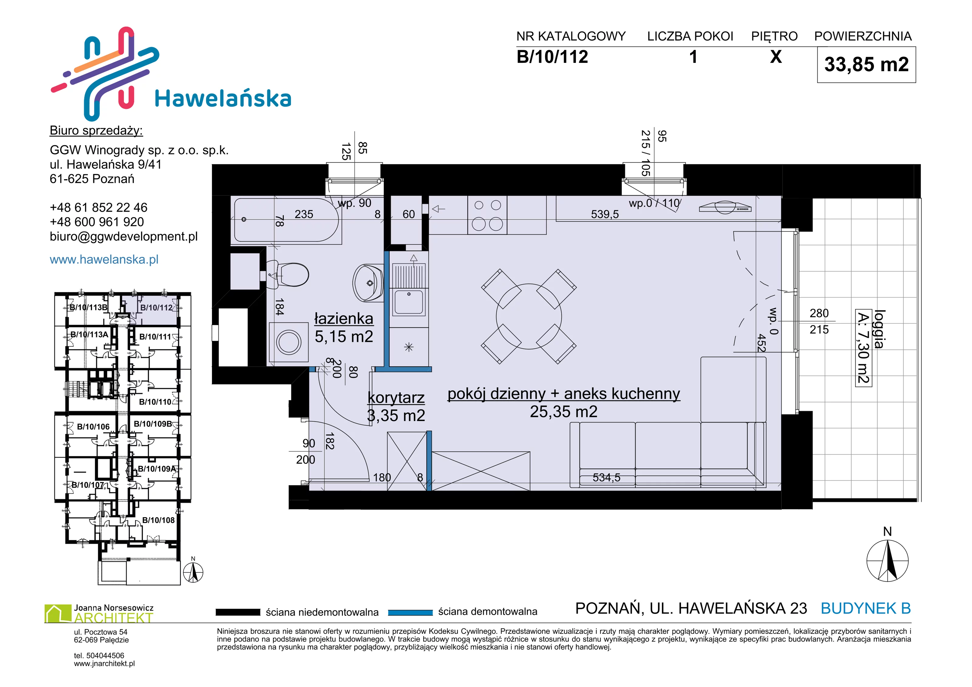 1 pokój, mieszkanie 33,85 m², piętro 10, oferta nr B/10/112, Osiedle Hawelańska III etap, Poznań, Winogrady, ul. Hawelańska 25