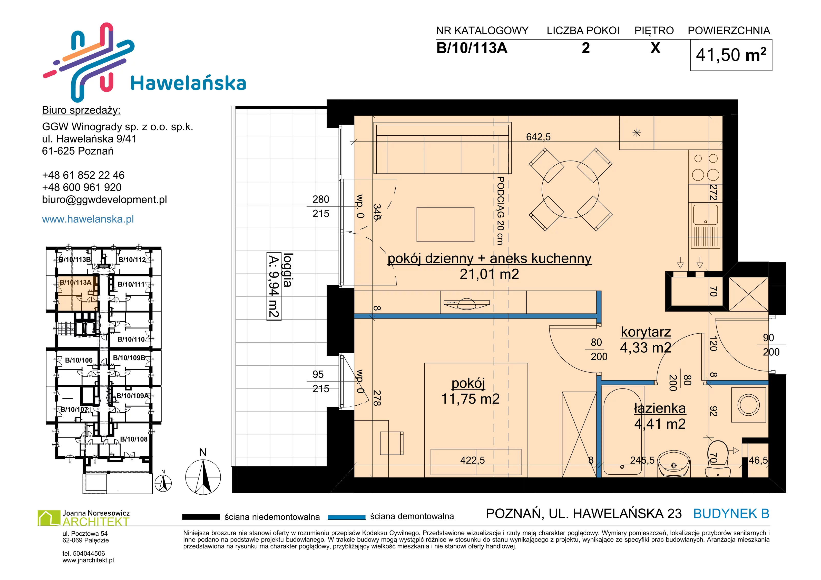 2 pokoje, mieszkanie 41,50 m², piętro 10, oferta nr B/10/113A, Osiedle Hawelańska III etap, Poznań, Winogrady, ul. Hawelańska 25