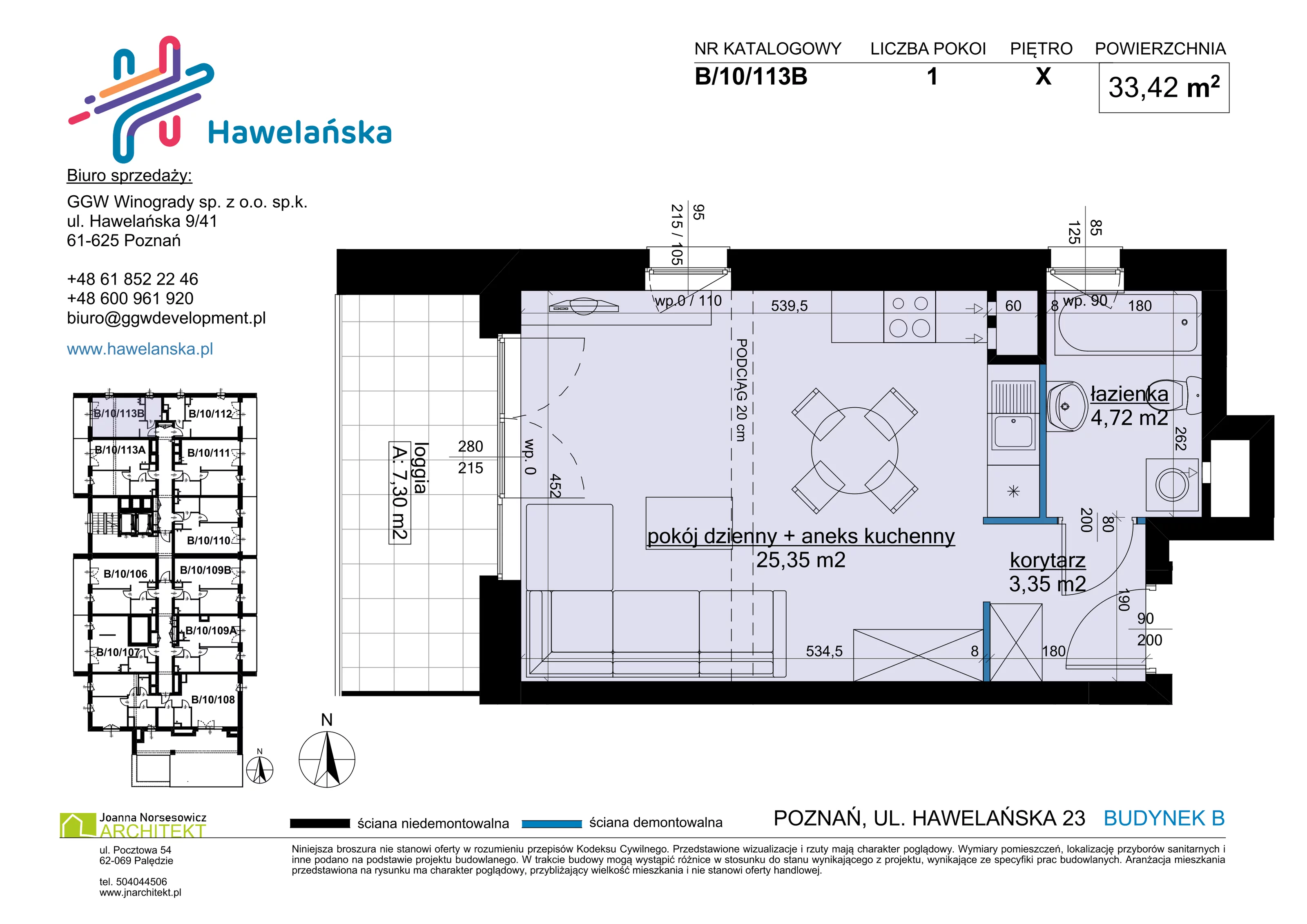 1 pokój, mieszkanie 33,42 m², piętro 10, oferta nr B/10/113B, Osiedle Hawelańska III etap, Poznań, Winogrady, ul. Hawelańska 25