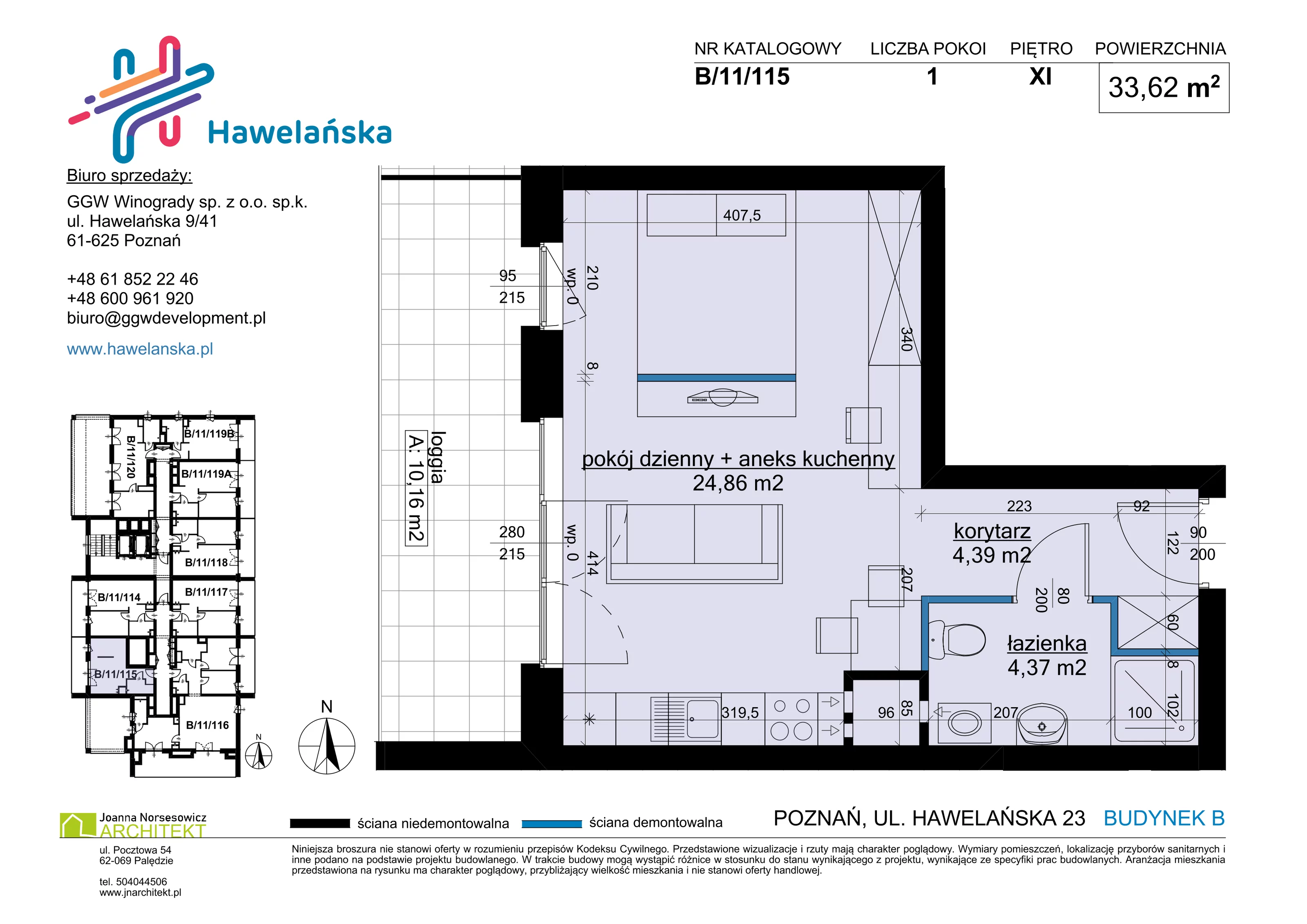 1 pokój, mieszkanie 33,62 m², piętro 11, oferta nr B/11/115, Osiedle Hawelańska III etap, Poznań, Winogrady, ul. Hawelańska 25