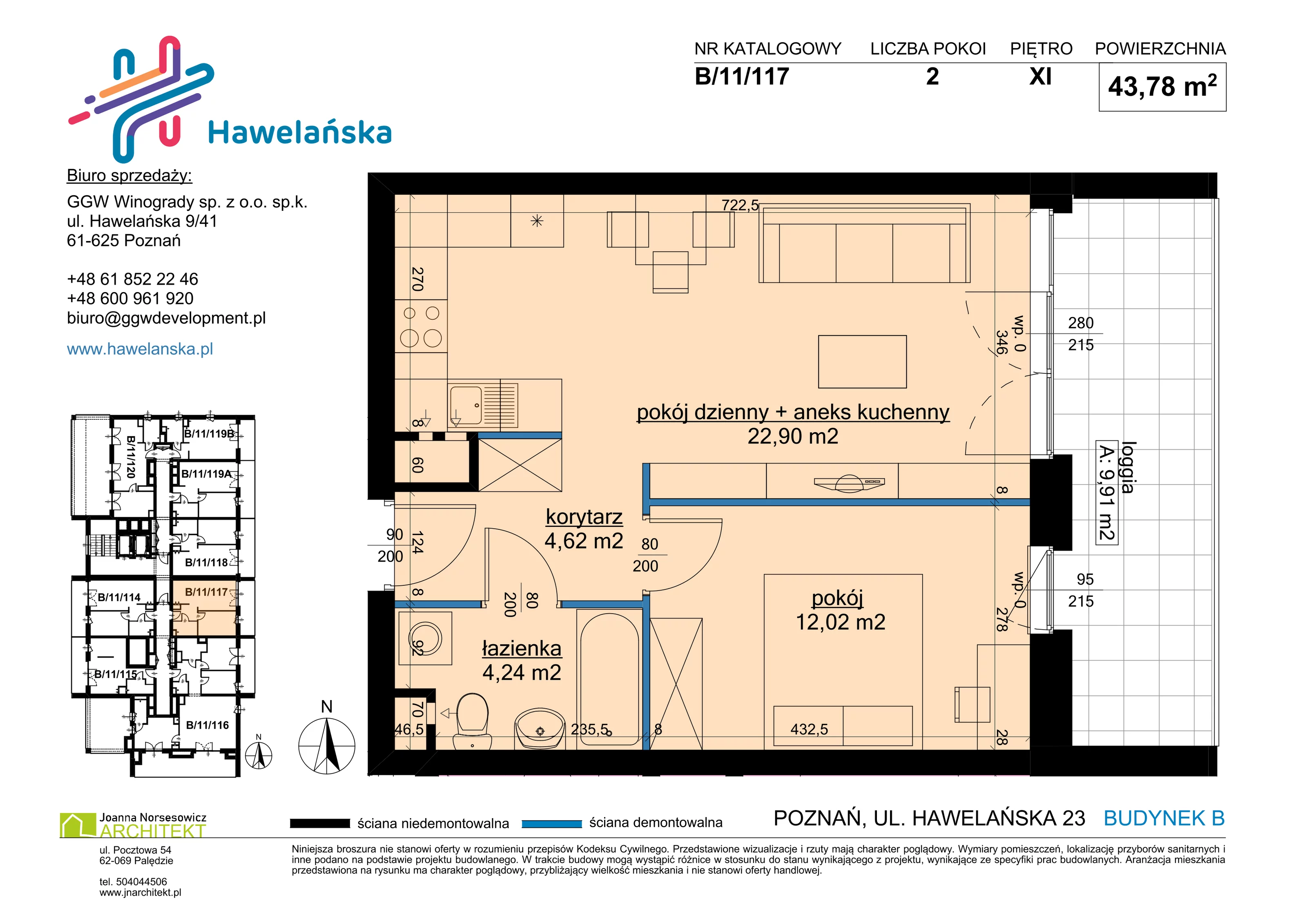 2 pokoje, mieszkanie 43,78 m², piętro 11, oferta nr B/11/117, Osiedle Hawelańska III etap, Poznań, Winogrady, ul. Hawelańska 25