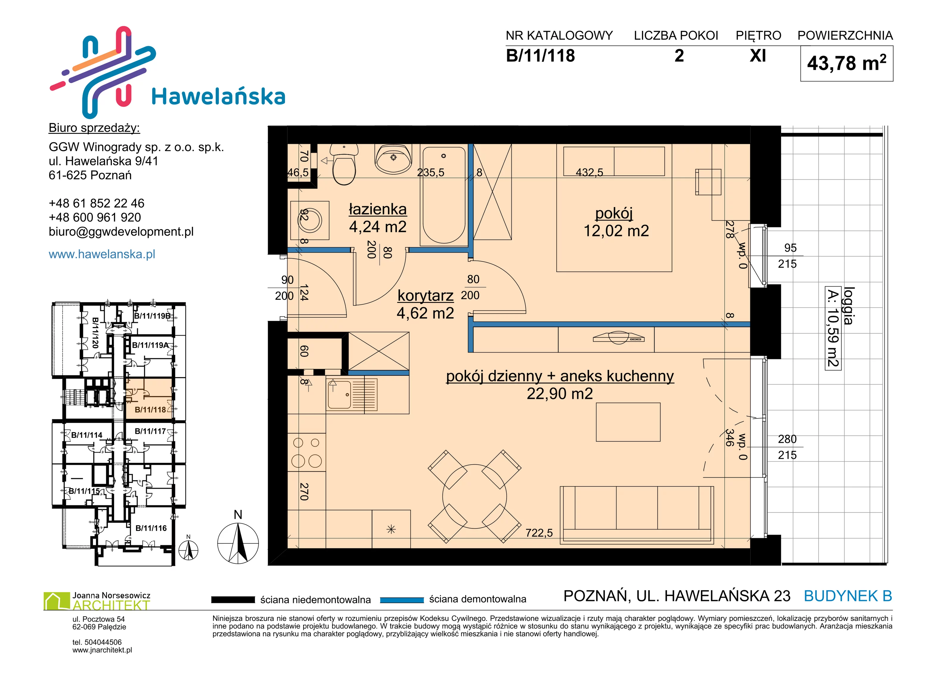 2 pokoje, mieszkanie 43,78 m², piętro 11, oferta nr B/11/118, Osiedle Hawelańska III etap, Poznań, Winogrady, ul. Hawelańska 25