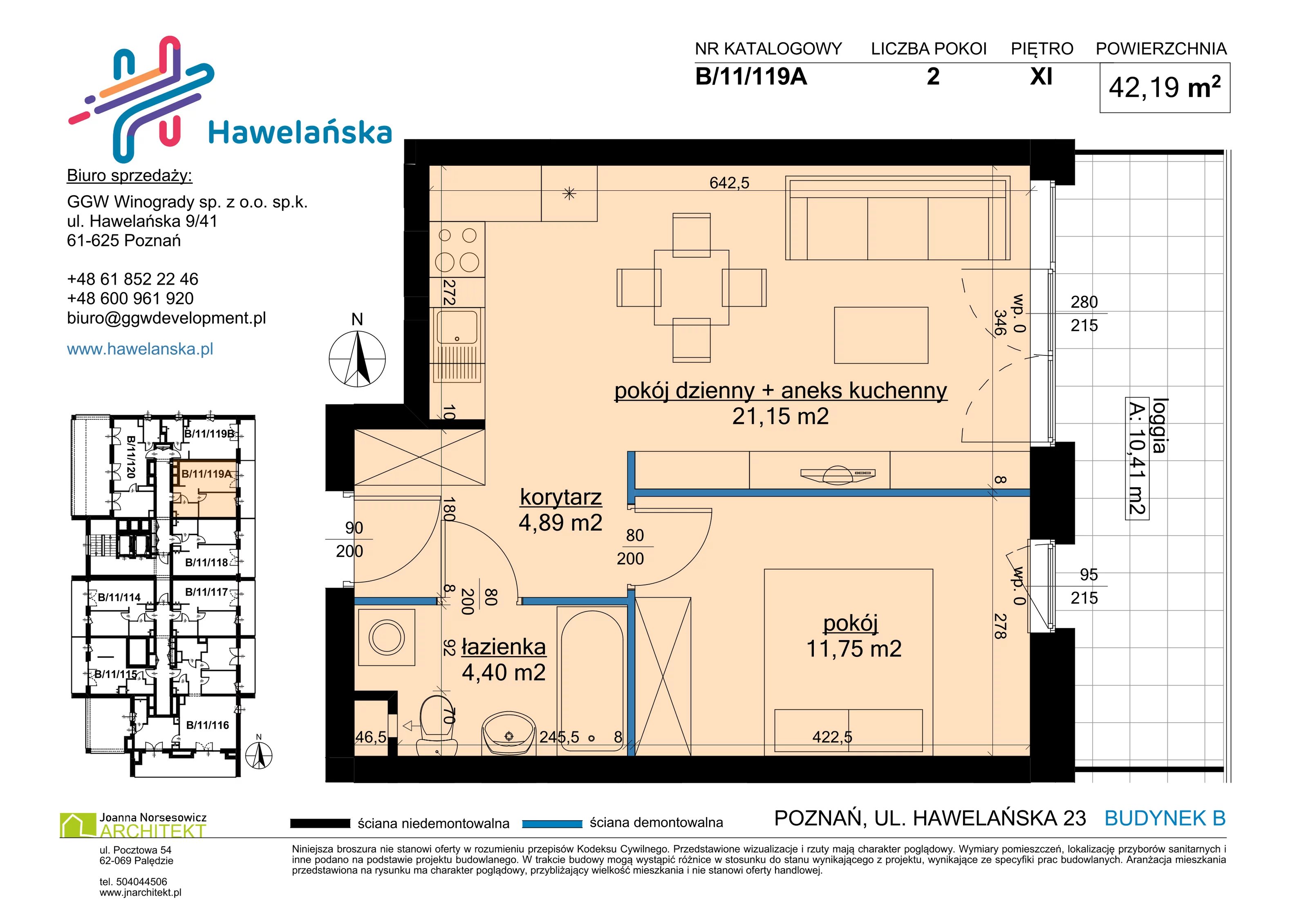 2 pokoje, mieszkanie 42,19 m², piętro 11, oferta nr B/11/119A, Osiedle Hawelańska III etap, Poznań, Winogrady, ul. Hawelańska 25