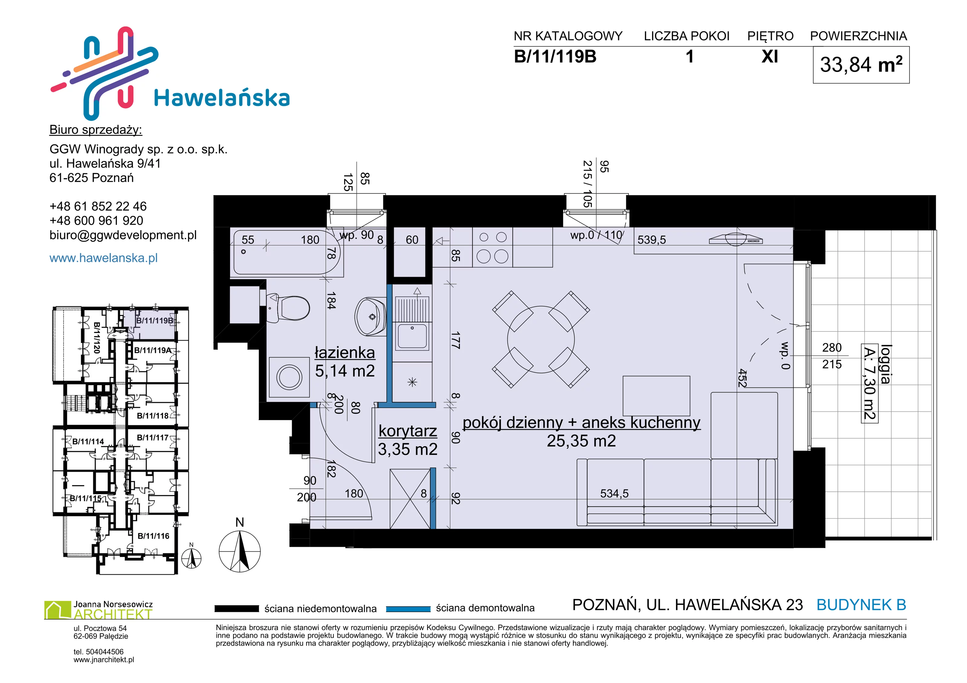 1 pokój, mieszkanie 33,84 m², piętro 11, oferta nr B/11/119B, Osiedle Hawelańska III etap, Poznań, Winogrady, ul. Hawelańska 25