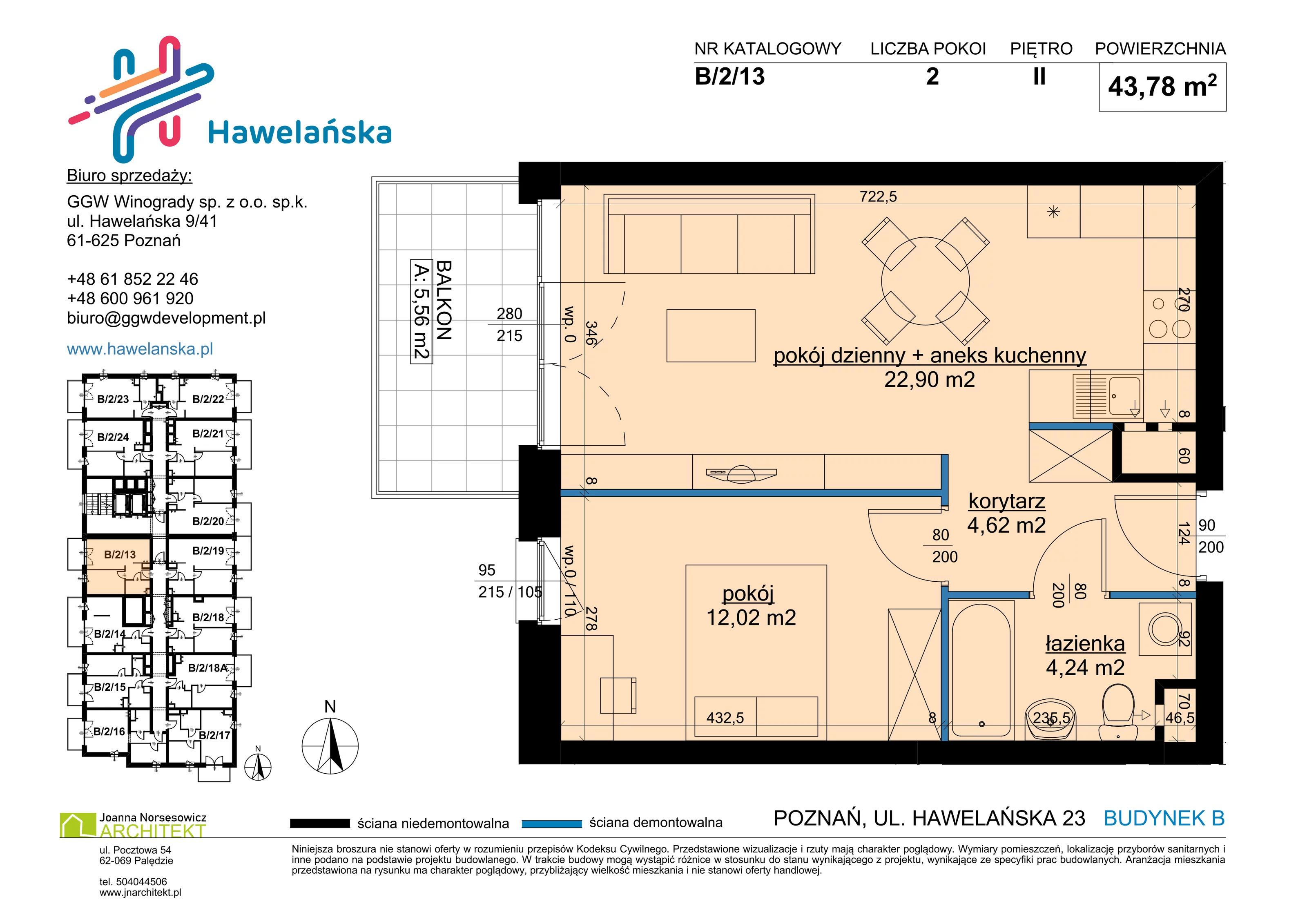 2 pokoje, mieszkanie 43,78 m², piętro 2, oferta nr B/2/13, Osiedle Hawelańska III etap, Poznań, Winogrady, ul. Hawelańska 25