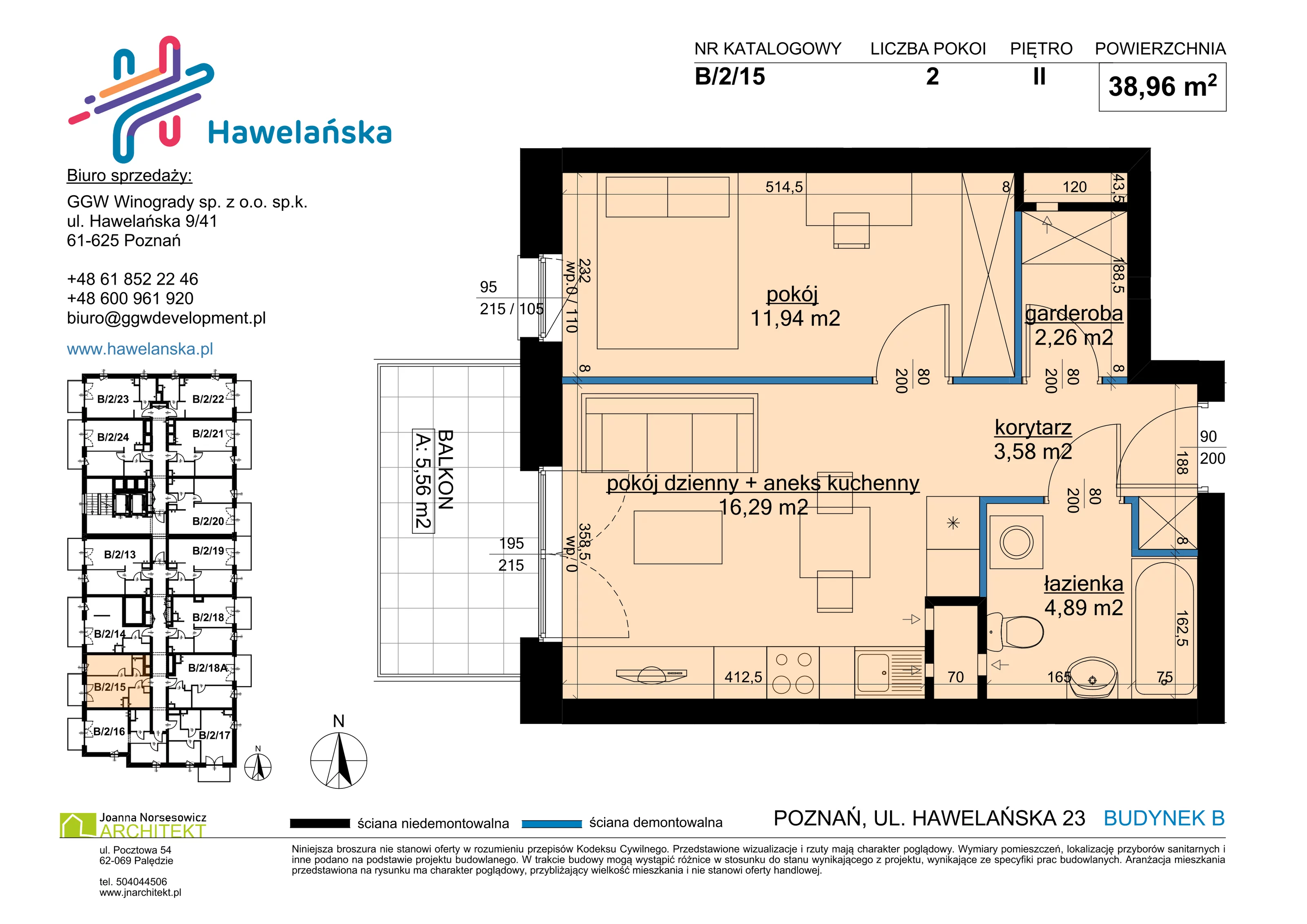 2 pokoje, mieszkanie 38,96 m², piętro 2, oferta nr B/2/15, Osiedle Hawelańska III etap, Poznań, Winogrady, ul. Hawelańska 25