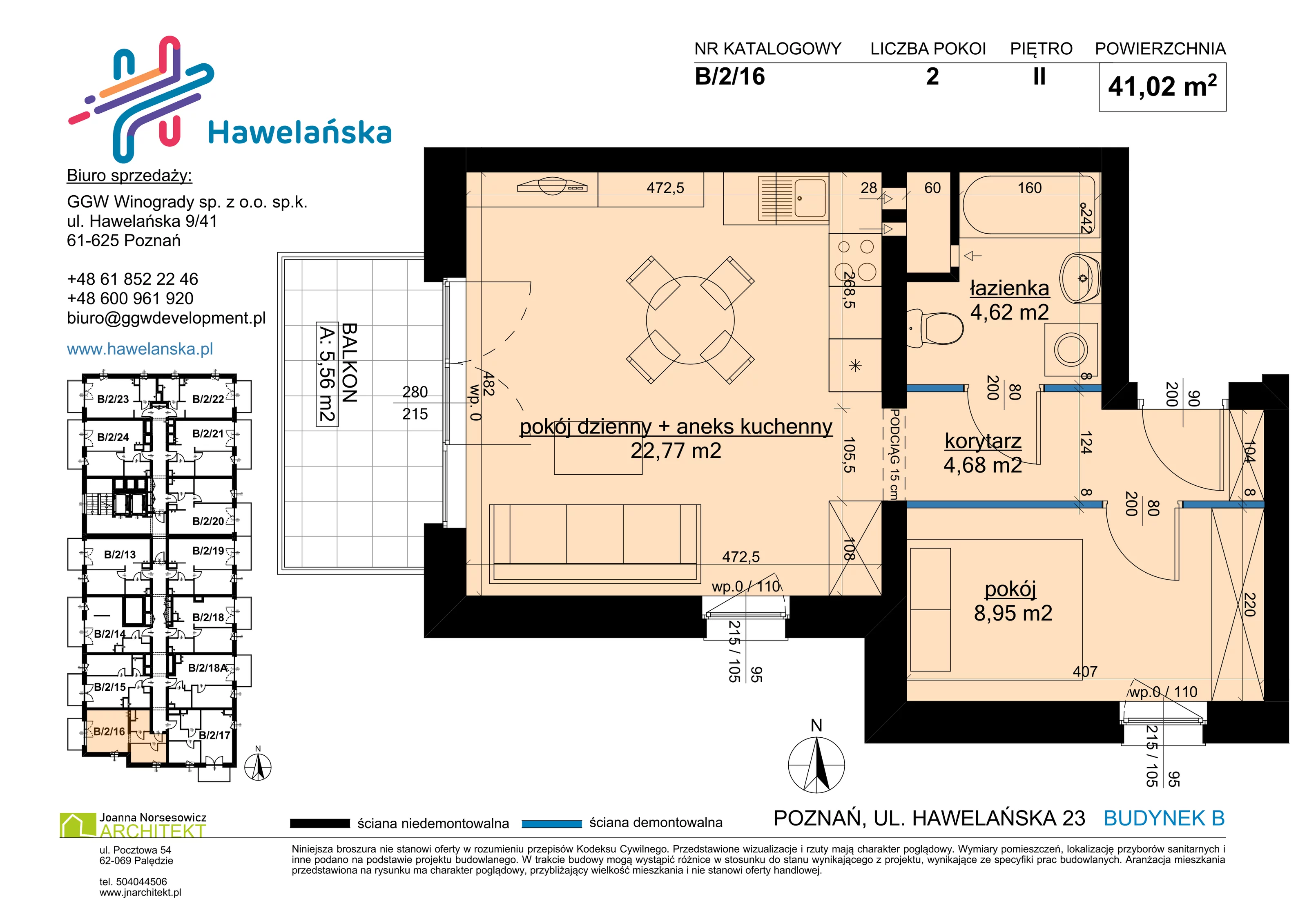 2 pokoje, mieszkanie 41,02 m², piętro 2, oferta nr B/2/16, Osiedle Hawelańska III etap, Poznań, Winogrady, ul. Hawelańska 25