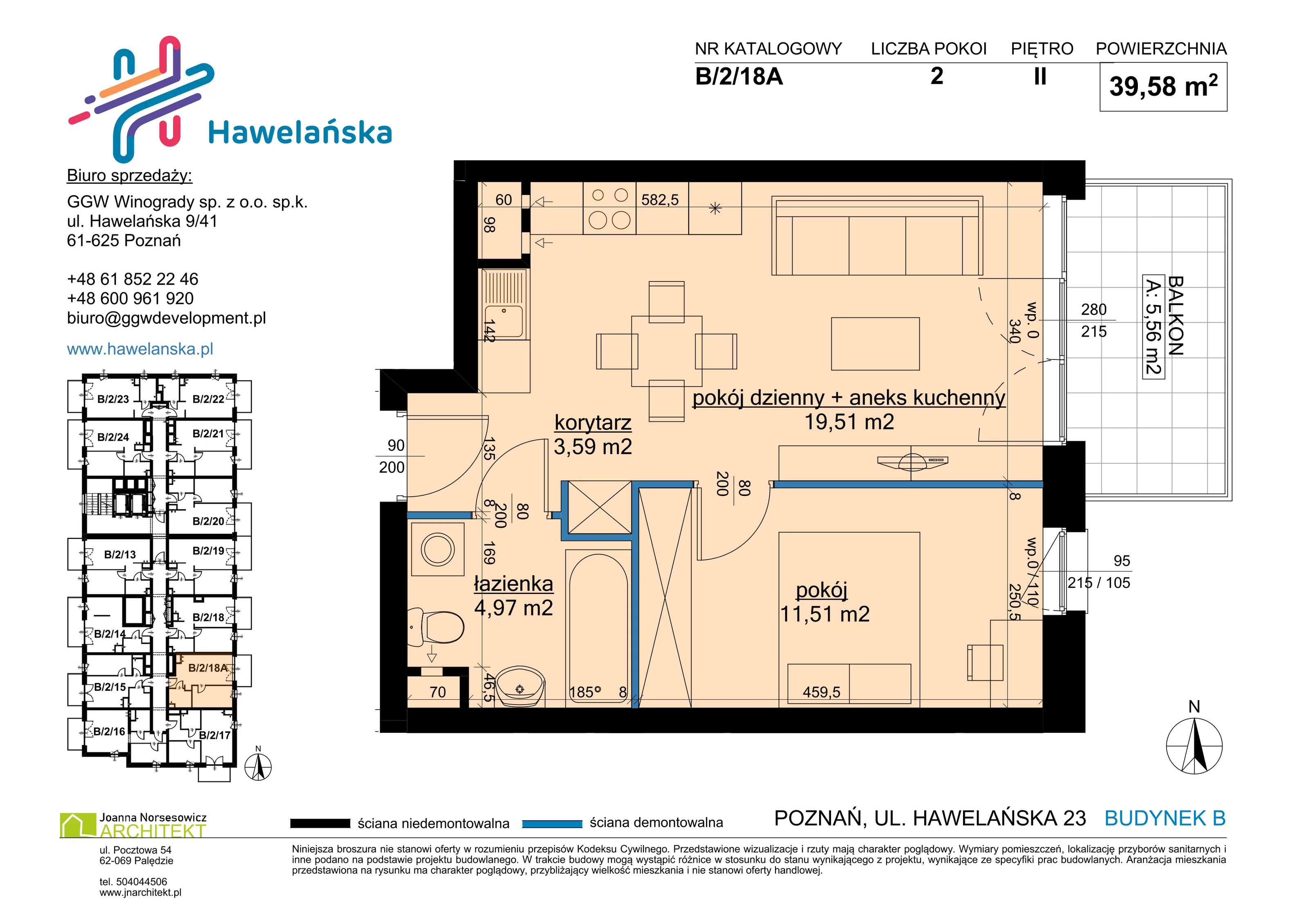 2 pokoje, mieszkanie 39,58 m², piętro 2, oferta nr B/2/18A, Osiedle Hawelańska III etap, Poznań, Winogrady, ul. Hawelańska 25