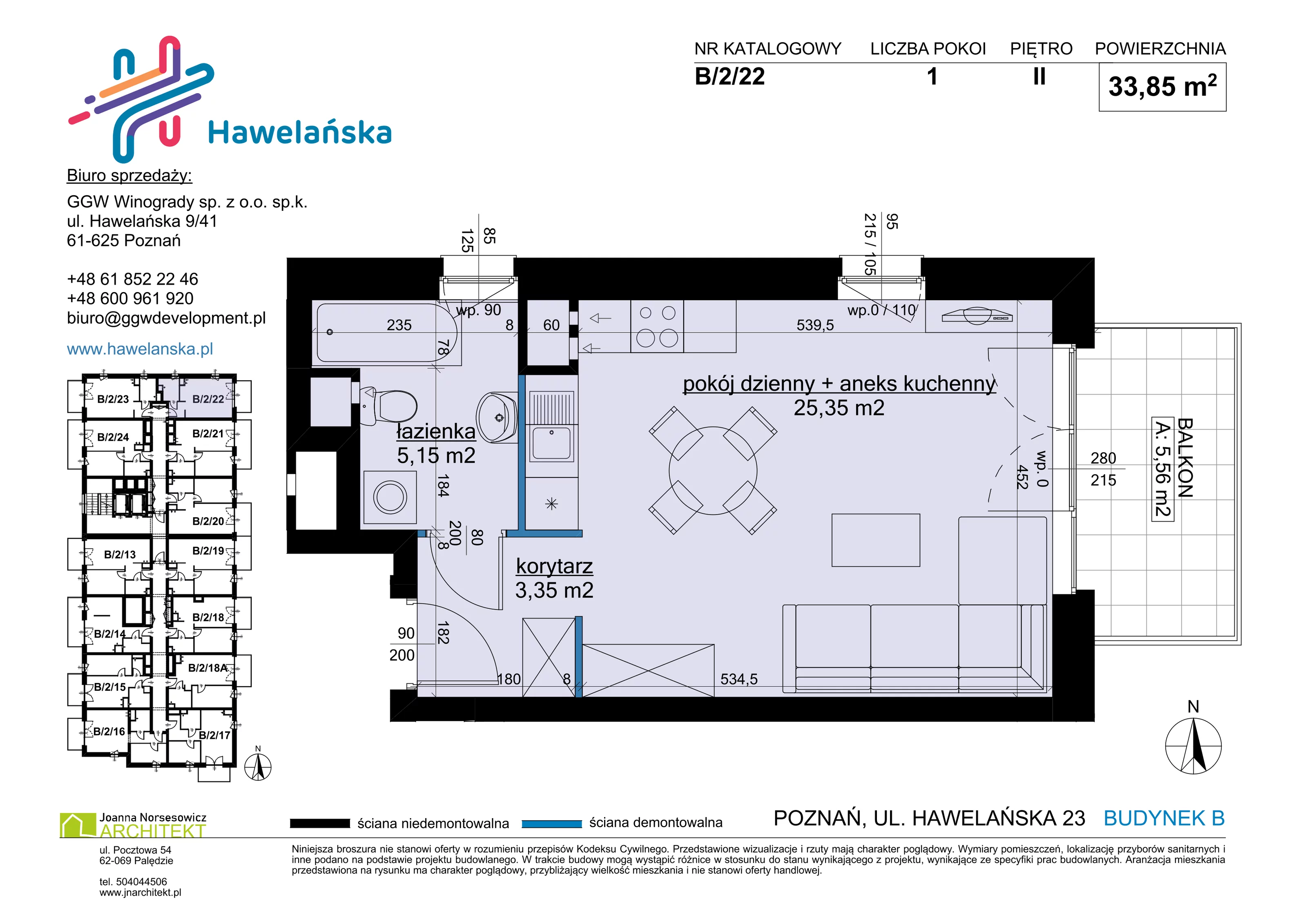 1 pokój, mieszkanie 33,85 m², piętro 2, oferta nr B/2/22, Osiedle Hawelańska III etap, Poznań, Winogrady, ul. Hawelańska 25