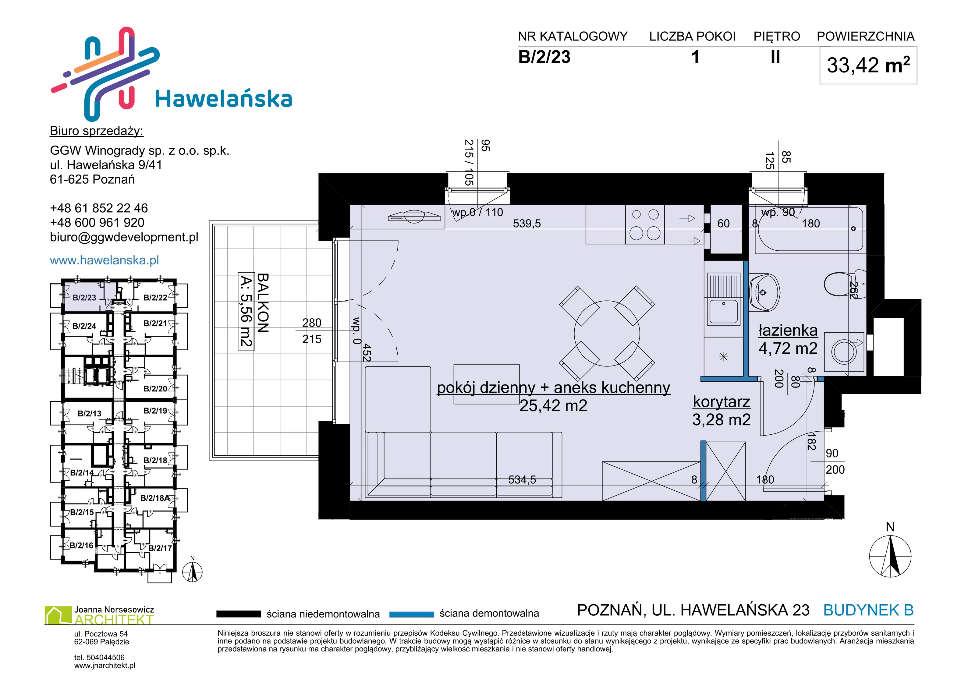 1 pokój, mieszkanie 33,42 m², piętro 2, oferta nr B/2/23, Osiedle Hawelańska III etap, Poznań, Winogrady, ul. Hawelańska 25