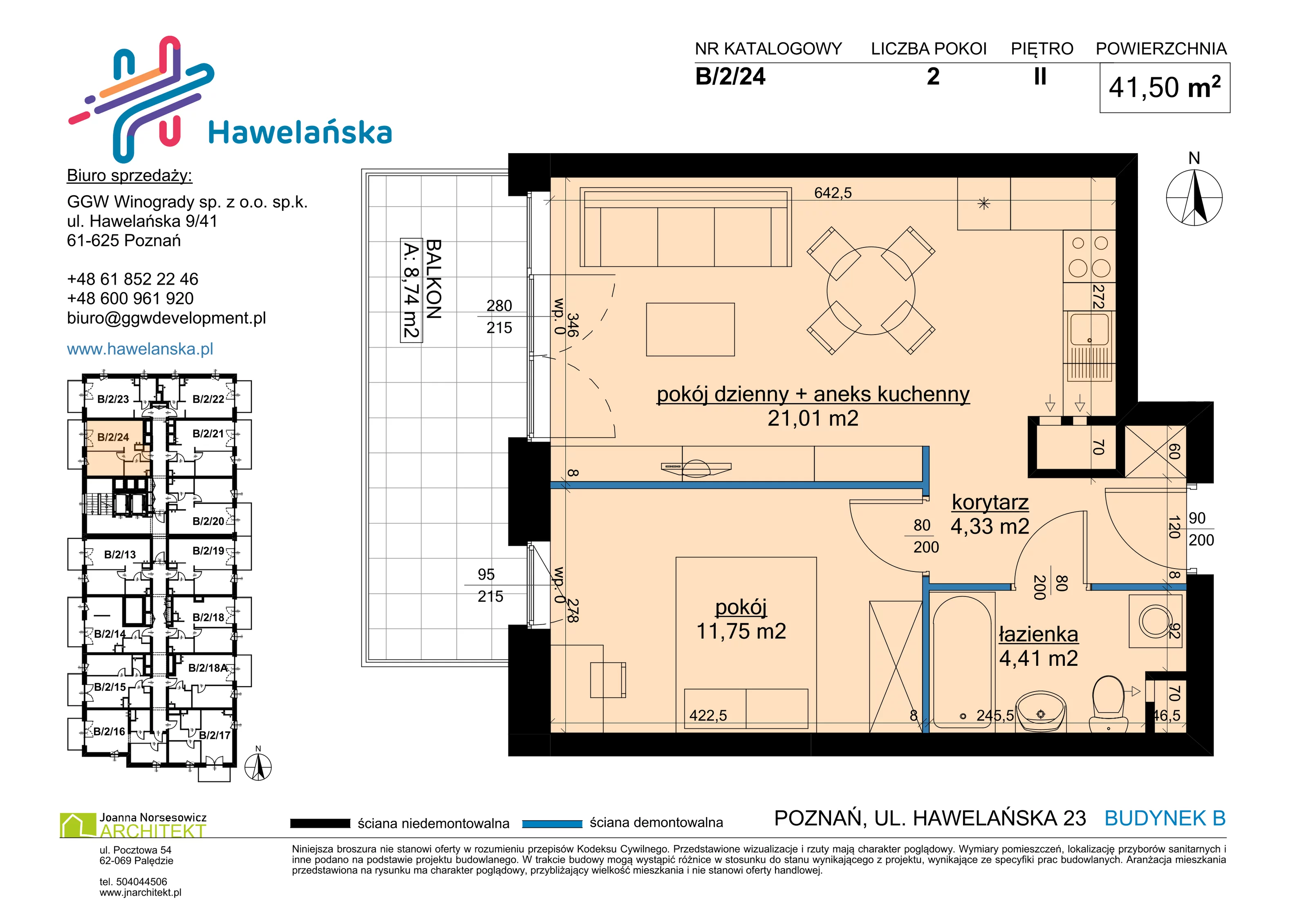 2 pokoje, mieszkanie 41,50 m², piętro 2, oferta nr B/2/24, Osiedle Hawelańska III etap, Poznań, Winogrady, ul. Hawelańska 25