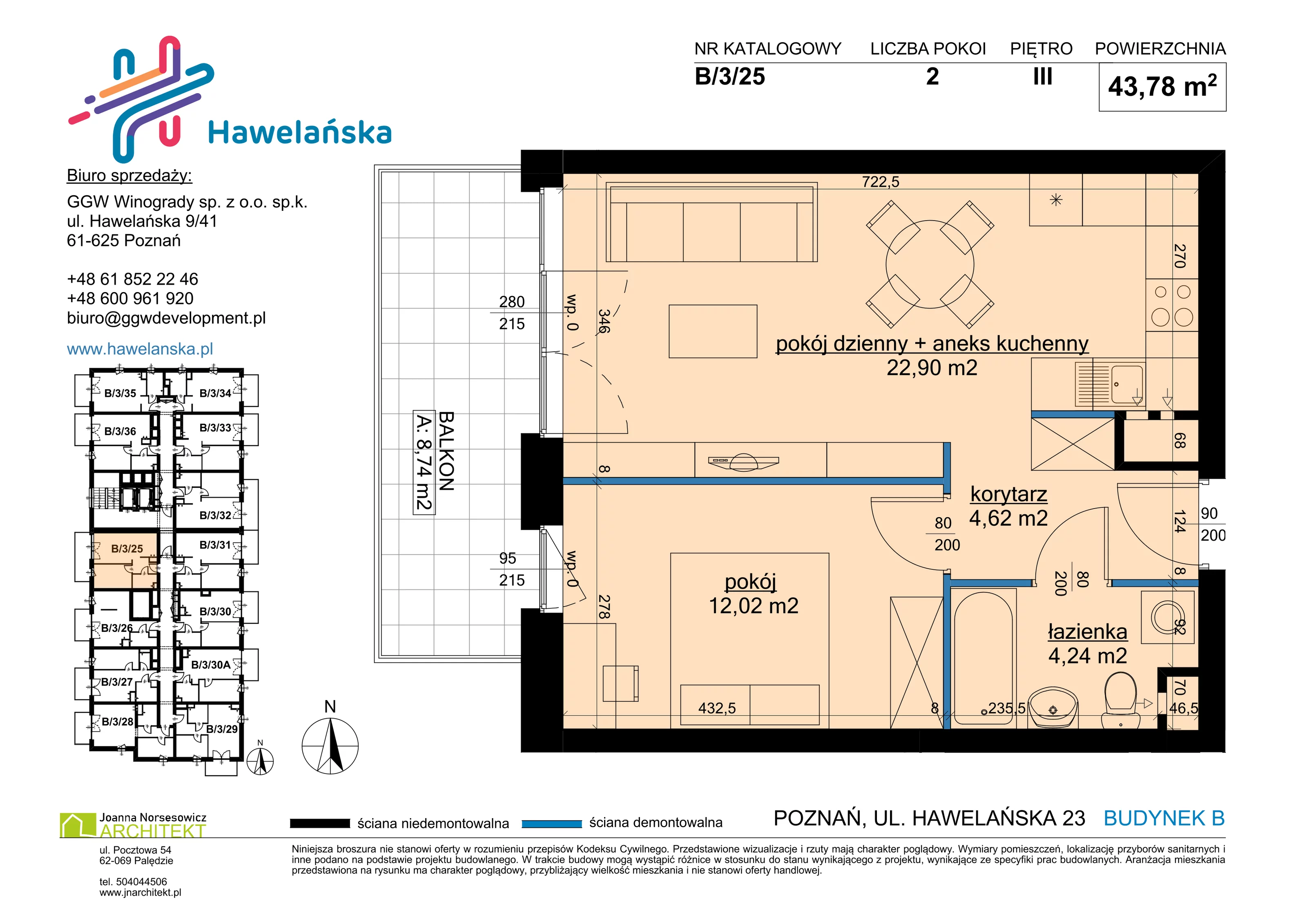 2 pokoje, mieszkanie 43,78 m², piętro 3, oferta nr B/3/25, Osiedle Hawelańska III etap, Poznań, Winogrady, ul. Hawelańska 25