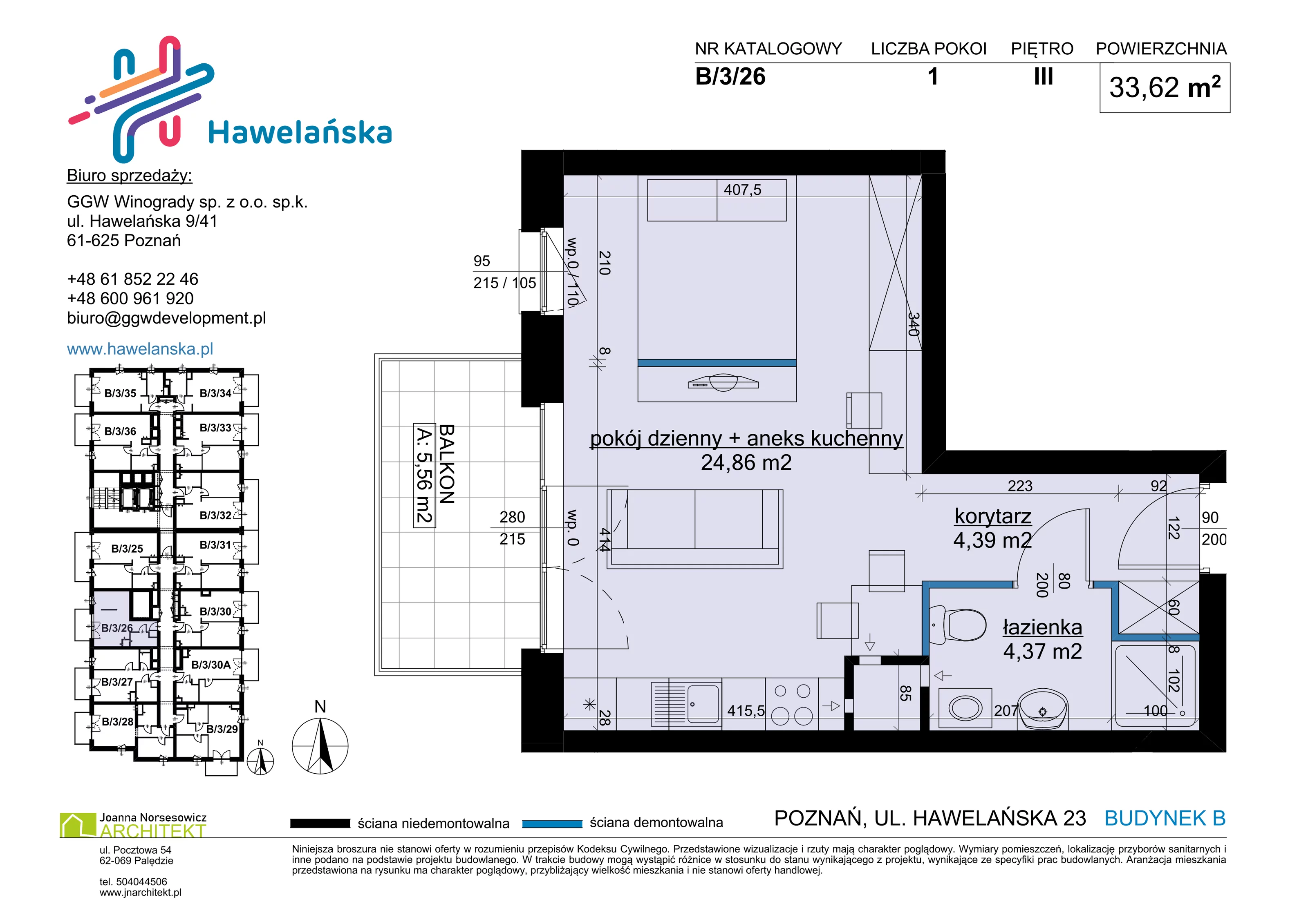 1 pokój, mieszkanie 33,62 m², piętro 3, oferta nr B/3/26, Osiedle Hawelańska III etap, Poznań, Winogrady, ul. Hawelańska 25