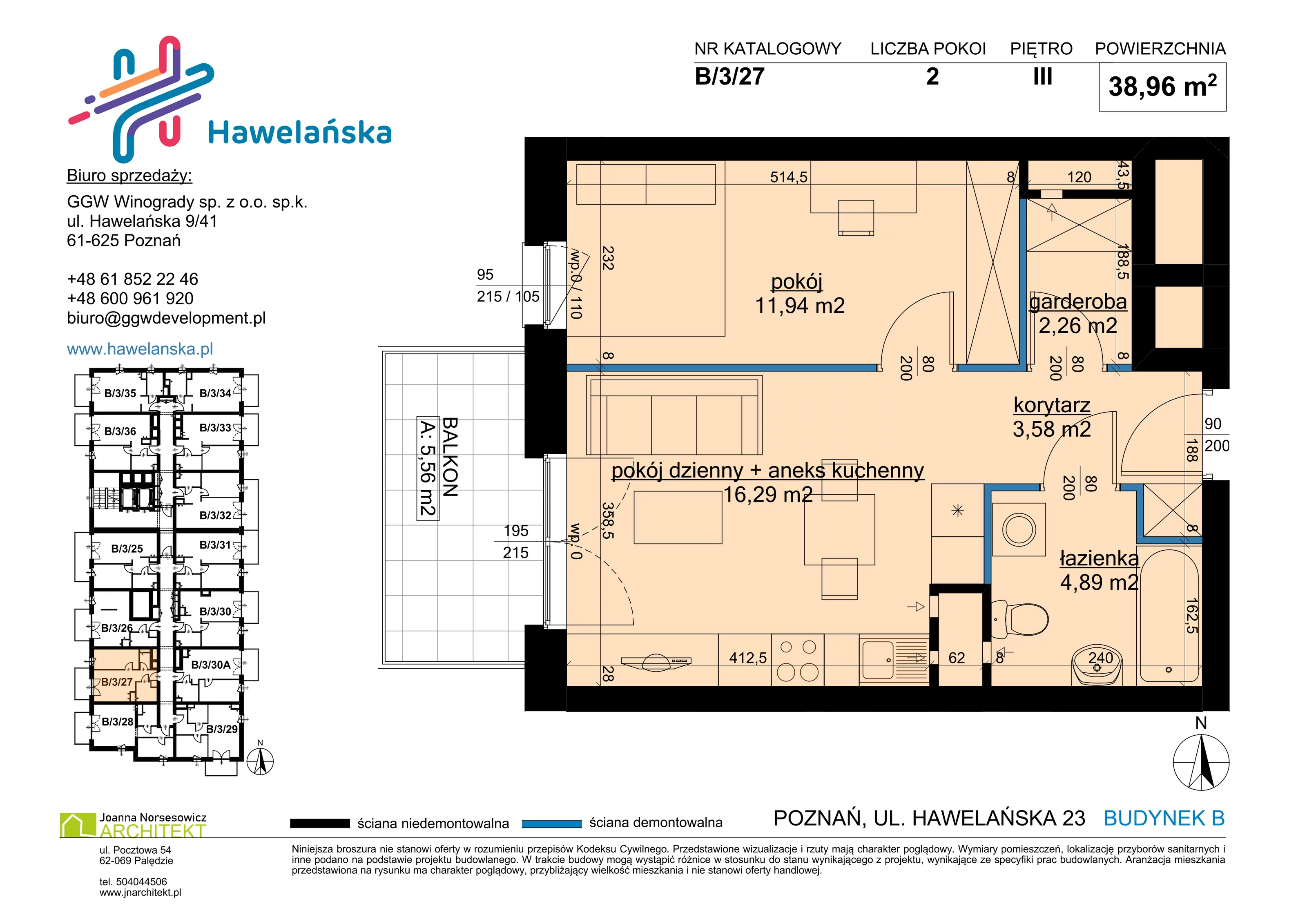 2 pokoje, mieszkanie 38,96 m², piętro 3, oferta nr B/3/27, Osiedle Hawelańska III etap, Poznań, Winogrady, ul. Hawelańska 25