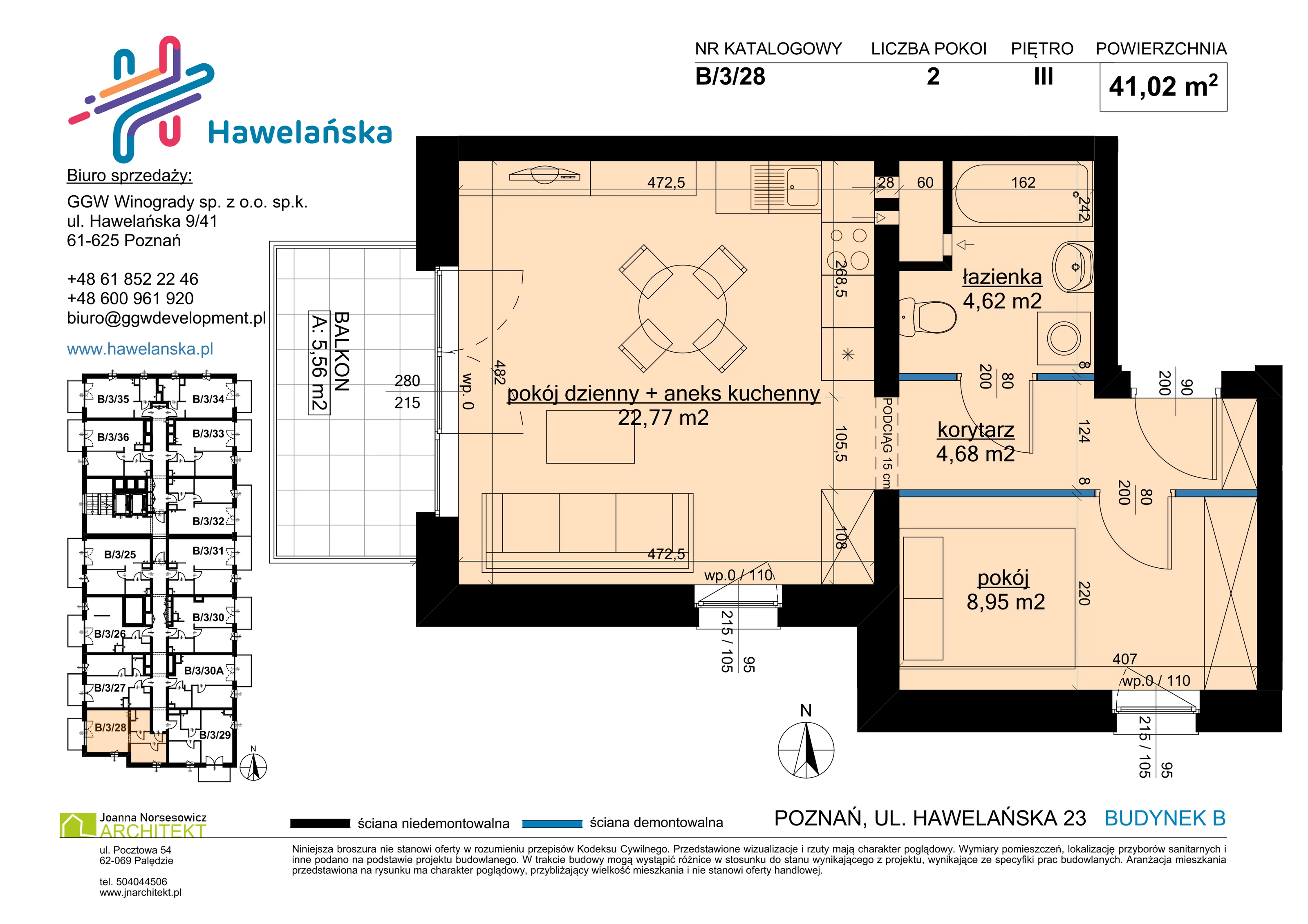 2 pokoje, mieszkanie 41,02 m², piętro 3, oferta nr B/3/28, Osiedle Hawelańska III etap, Poznań, Winogrady, ul. Hawelańska 25